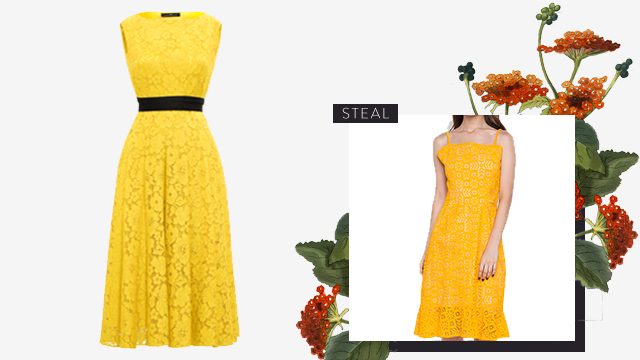 Carolina Herrera yellow lace dress (P49,900) and Chelsea flounce lace dress (P1,195) 