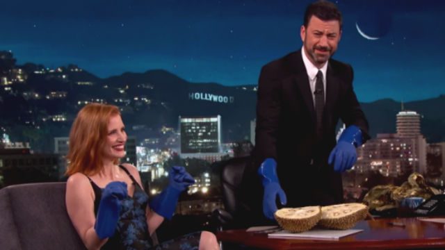 WATCH: Jessica Chastain feeds Jimmy Kimmel durian
