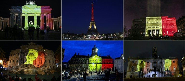 TRIBUTES. This combination of pictures created on March 22, 2016 shows colours of the Belgian flag being projected on to (from top L) the Brandenburg Gate in Berlin, the Eiffel Tower in Paris, the town council building in Belgrade, the Trevi Fountain in Rome, the Royal Palace at Dam Square in Amsterdam and Rome's Campidoglio in tribute to the victims of Brussels following the triple bomb attacks that killed about 35 people and left more than 200 people wounded. AFP, ANP photos 