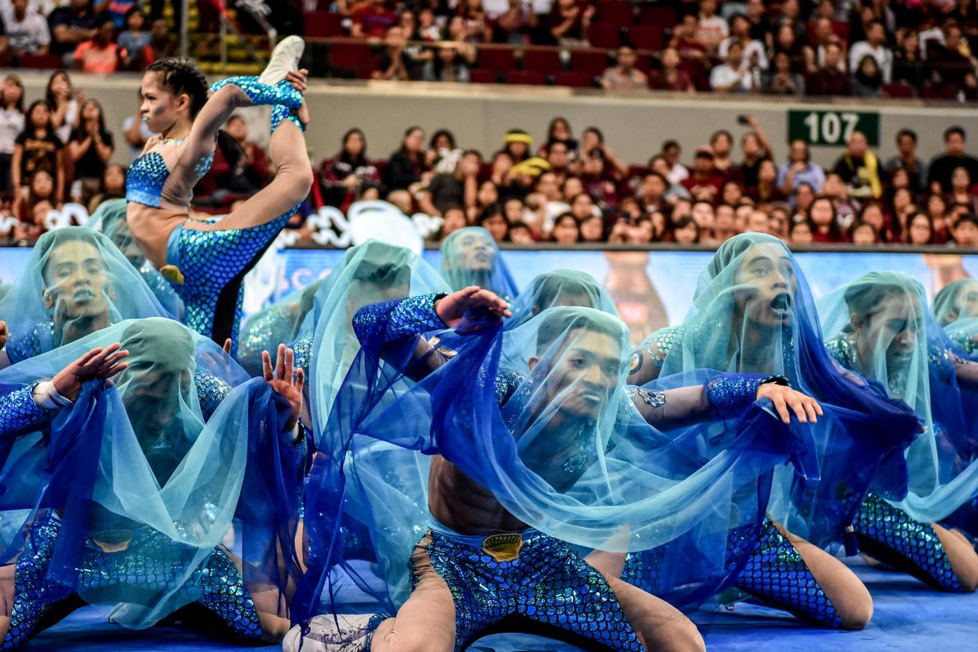 UNDER THE SEA. The NU Pep Squad went for an "under the sea" theme that aimed to catapult them to a 5-peat championship. Photo by Alecs Ongcal/Rappler 
