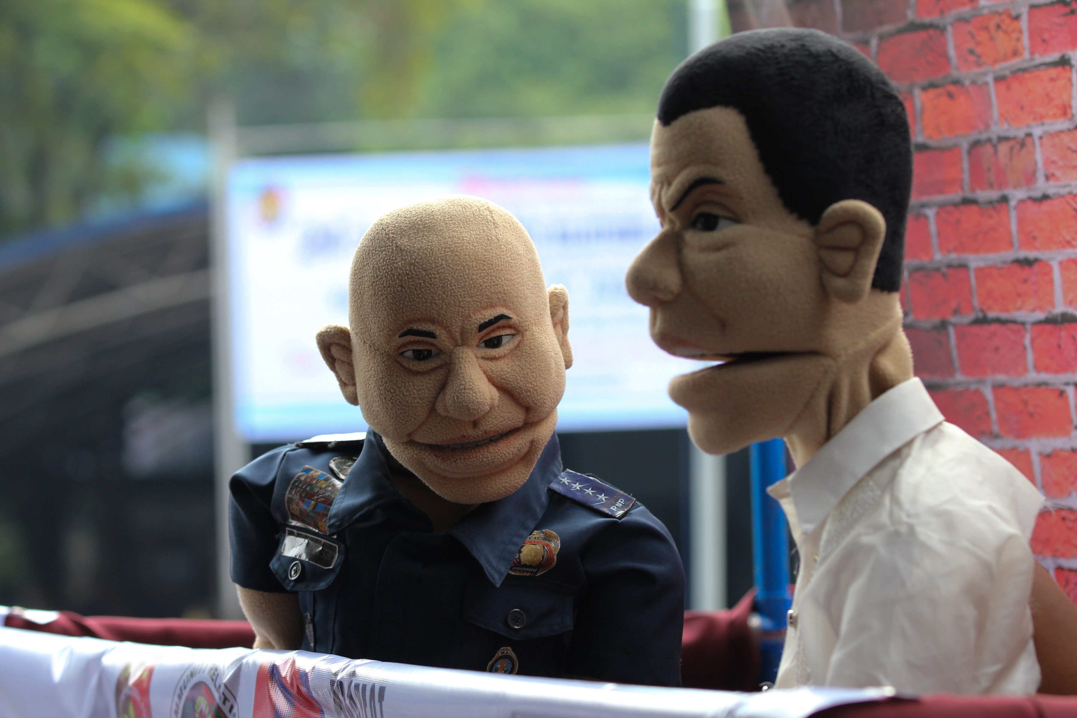 MEET THE PUPPETS. The puppet versions of PNP chief Ronald dela Rosa and President Rodrigo Duterte are introduced during the 24th founding anniversary of the Police Community Relations Group at Camp Crame on August 1, 2016. The puppets will be used for the anti-drug campaign of the PNP. Photo by Toto Lozano/PPD 