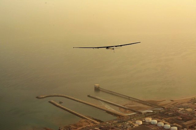 Solar Impulse 2 takes off towards Ahmedabad, India, from Muscat, Oman, with Bertrand Borschberg on the controls, March 10, 2015. Image courtesy Solar Impulse / Stefatou / Rezo.ch 