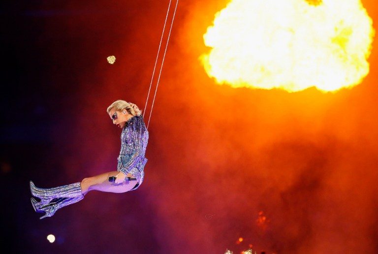 FLYING. Lady Gaga performs during the Pepsi Zero Sugar Super Bowl 51 Halftime Show at NRG Stadium on February 5, 2017 in Houston, Texas. Photo by Kevin C. Cox/Getty Images/AFP 