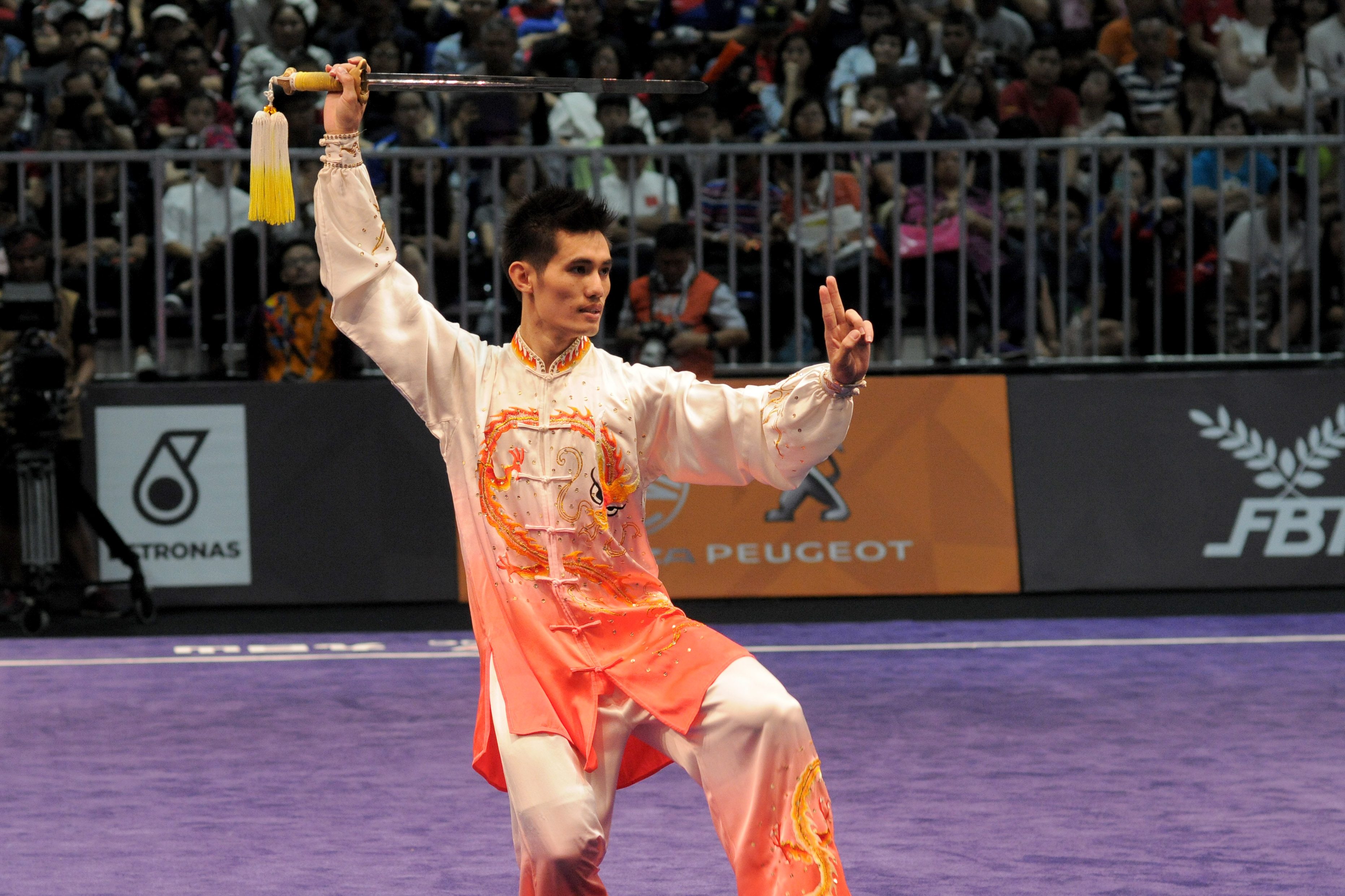 UNEXPECTED DEFEAT. Daniel Parantac unexpectedly misses out on a medal in wushu men's taijijian. Photo by Adrian Portugal/Rappler 