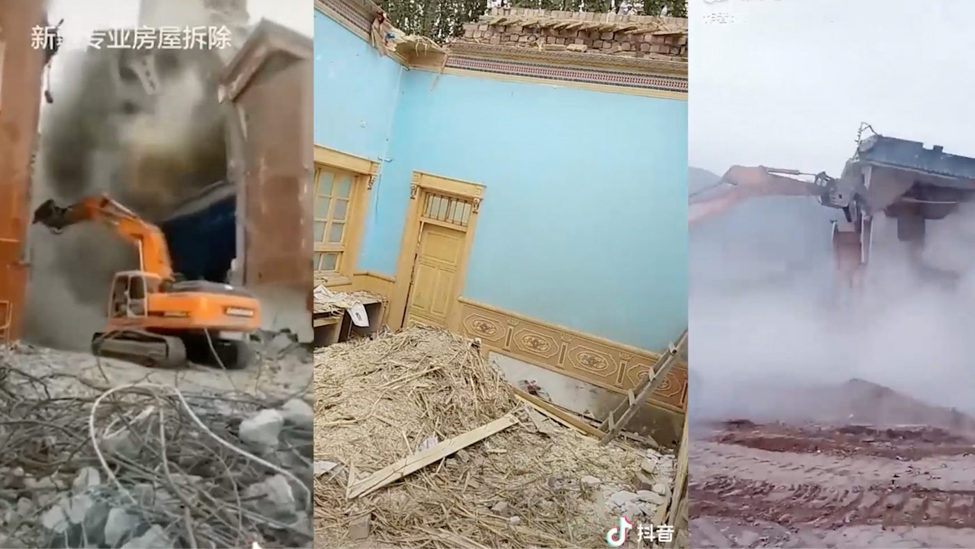 DEMOLITION. Videos have surfaced on TikTok and other Chinese apps that appear to show the destruction of traditional Uyghur and other Muslim buildings and mosques. The video on the far right is thought to be a Hui mosque. 