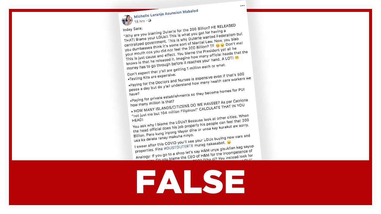 FALSE: Sara Duterte says ‘blame LGUs’ for slow disbursement of P200B