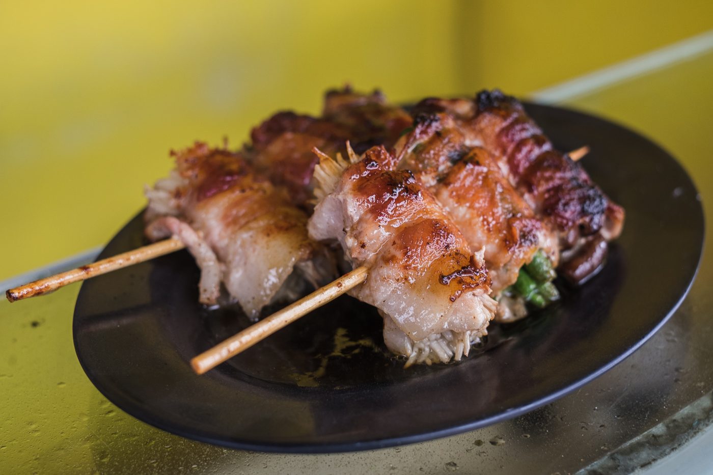 HK Eat Fresh's best seller, asparagus, mushroom, and crabstick wrapped in bacon, sells for P120 for two skewers. 