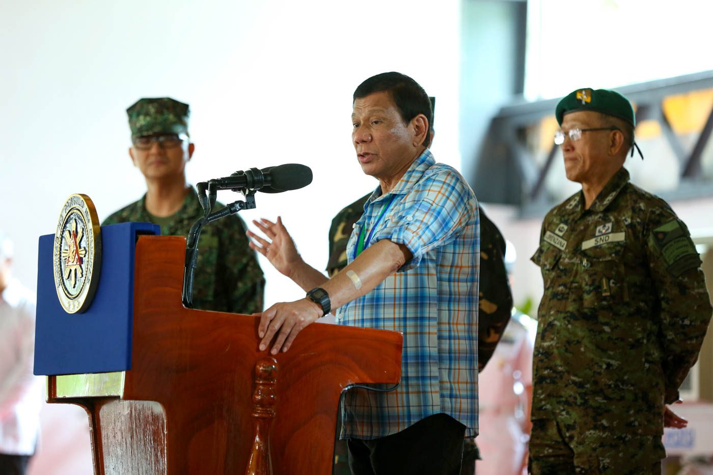 MARITIME ROW. President Rodrigo Duterte speaks to media during his visit to the Western Command Headquarters at Camp General Artemio G. Ricarte in Puerto Princesa, Palawan on April 6, 2017. Malacañang file photo 