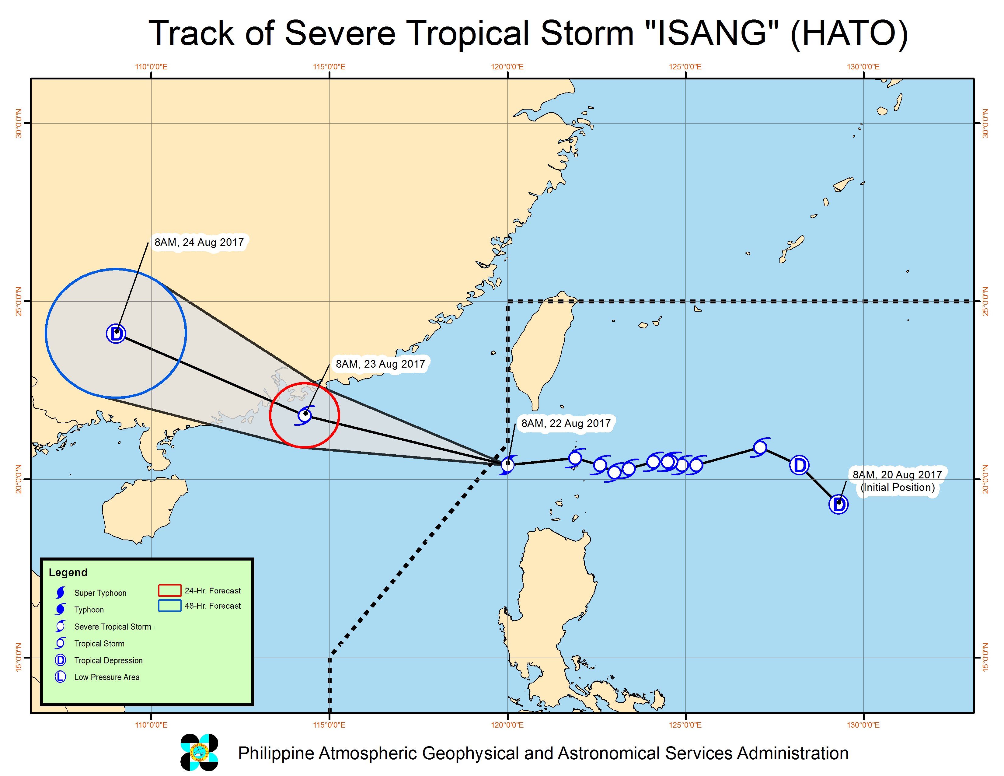 Forecast track of Severe Tropical Storm Isang as of August 22, 11 am. Image courtesy of PAGASA 