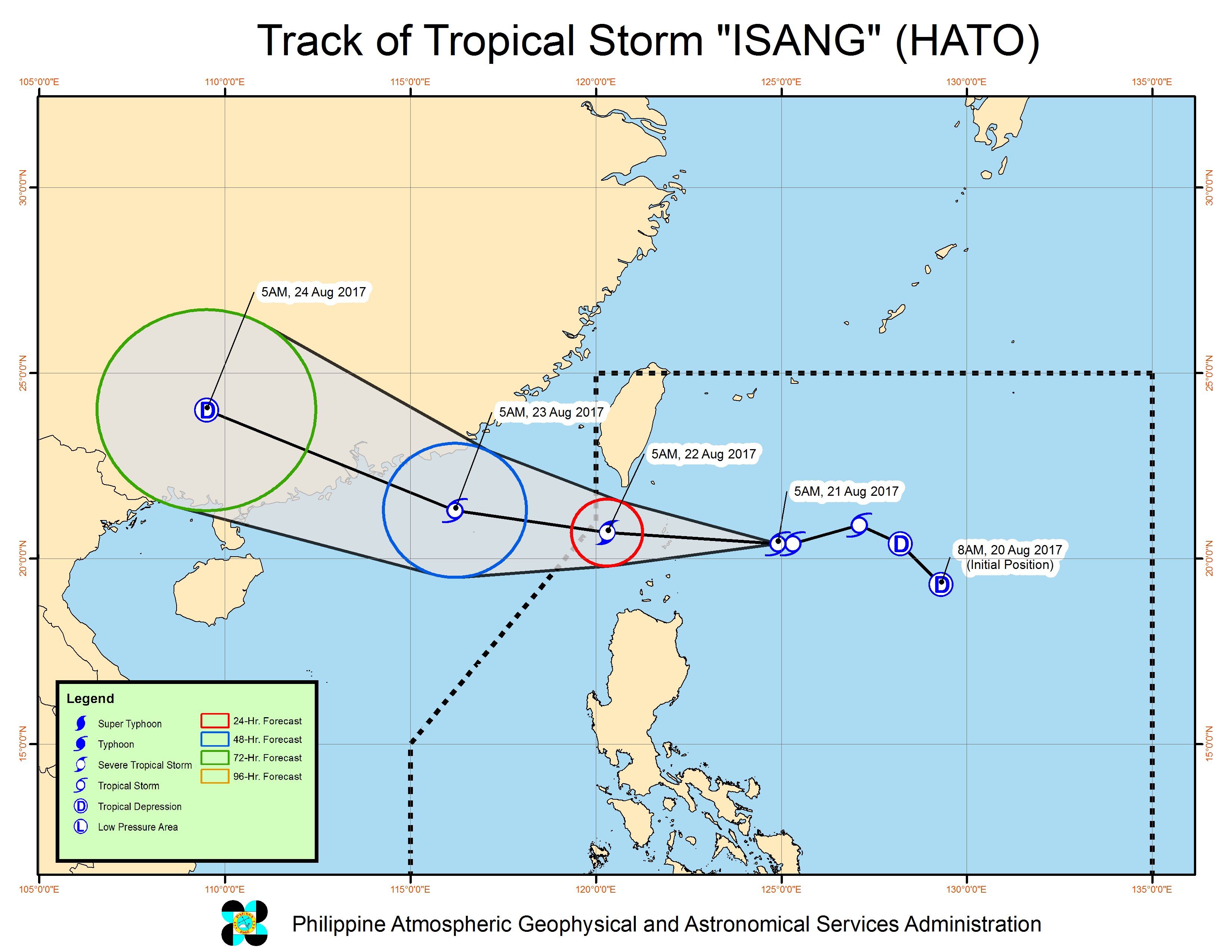 Forecast track of Tropical Storm Isang as of August 21, 5 am. Image courtesy of PAGASA 