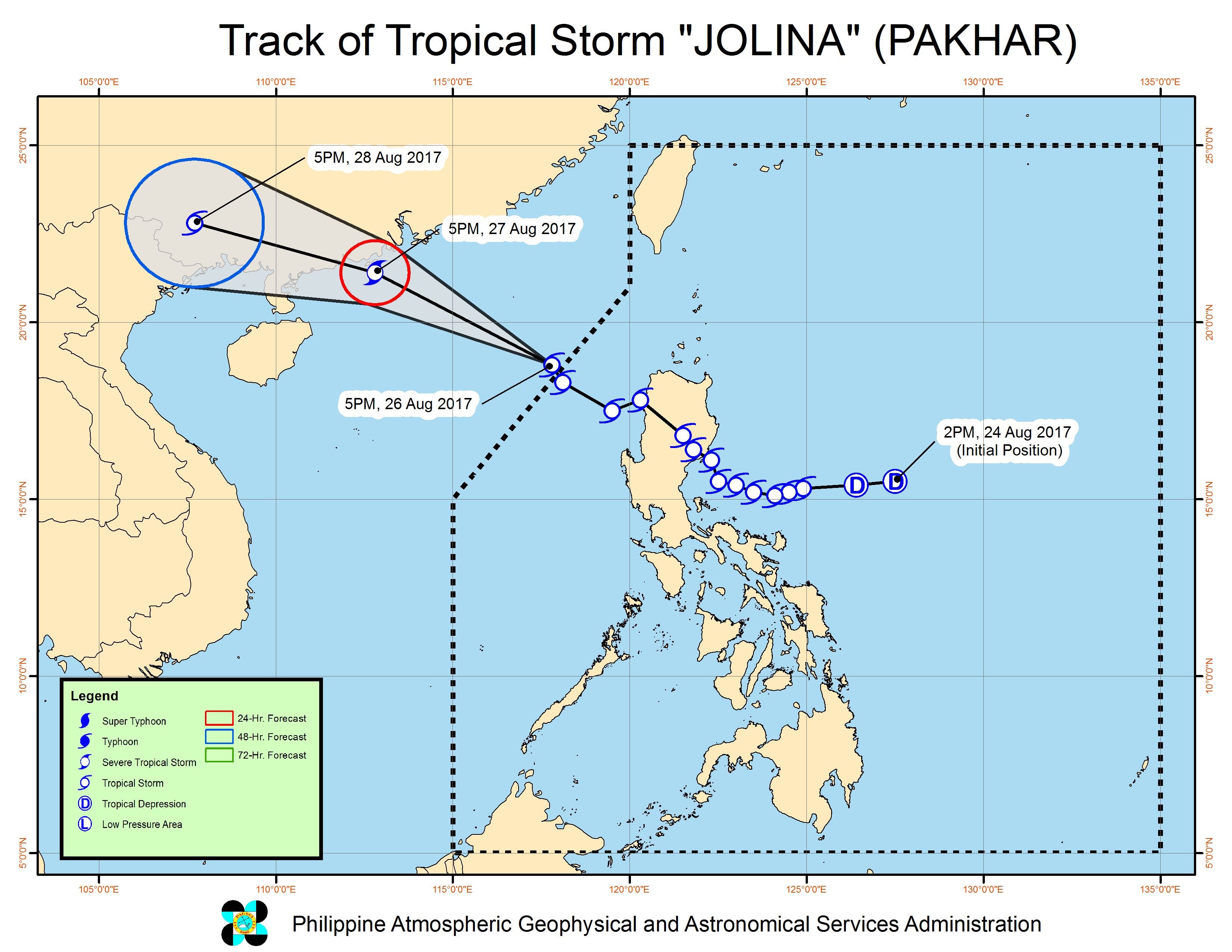 Forecast track of Tropical Storm Jolina as of August 26, 7 pm. Image courtesy of PAGASA 