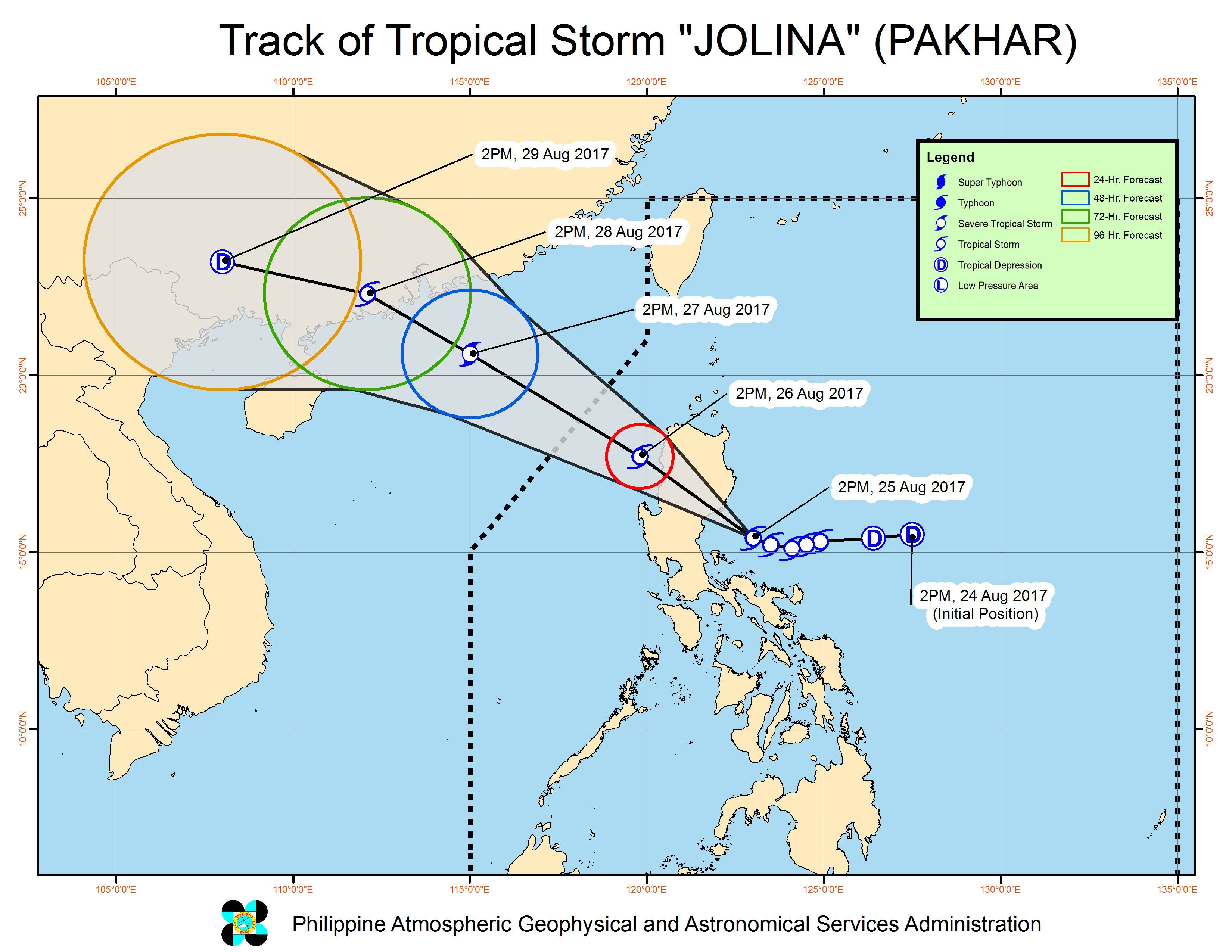 Forecast track of Tropical Storm Jolina as of August 25, 5 pm. Image courtesy of PAGASA 