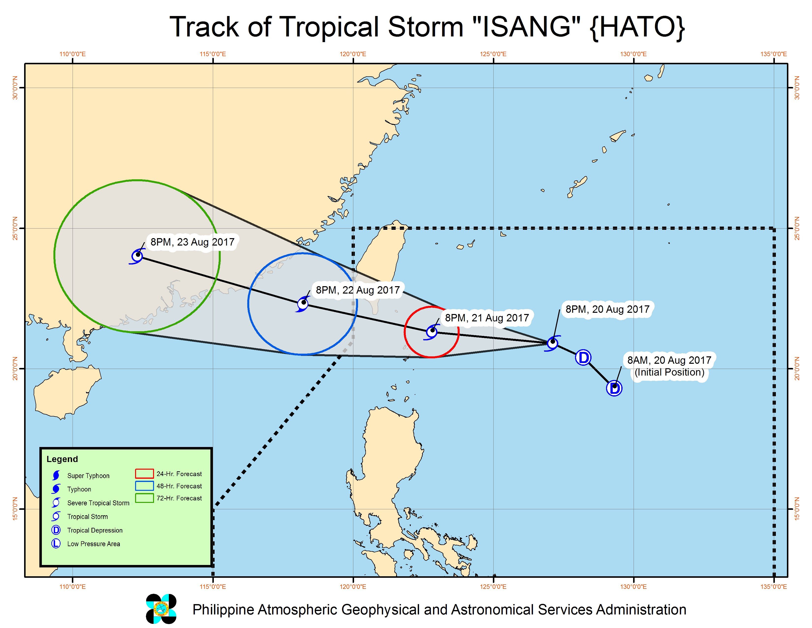 Forecast track of Tropical Storm Isang as of August 20, 11 pm. Image courtesy of PAGASA 