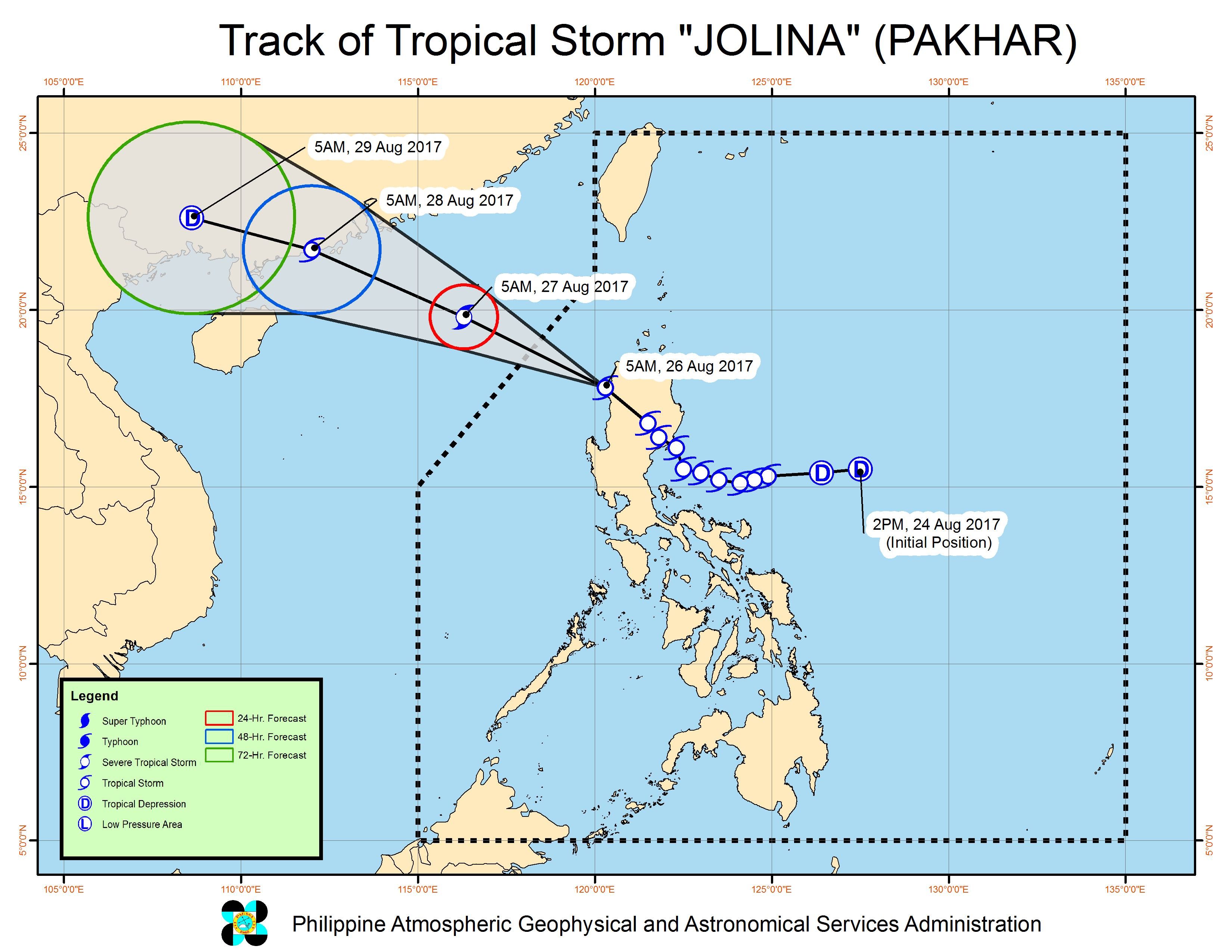 Forecast track of Tropical Storm Jolina as of August 26, 8 am. Image courtesy of PAGASA 