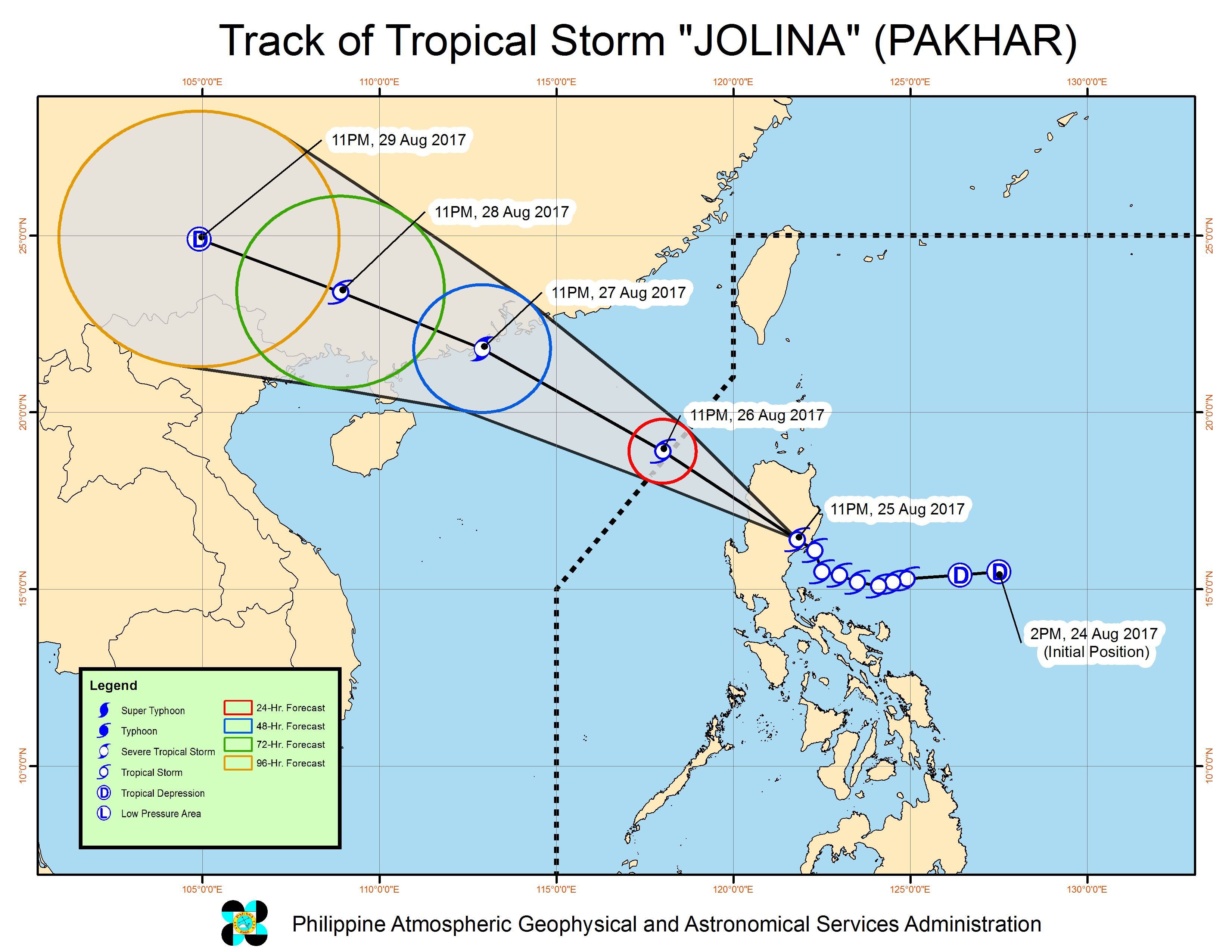 Forecast track of Tropical Storm Jolina as of August 26, 2 am. Image courtesy of PAGASA 