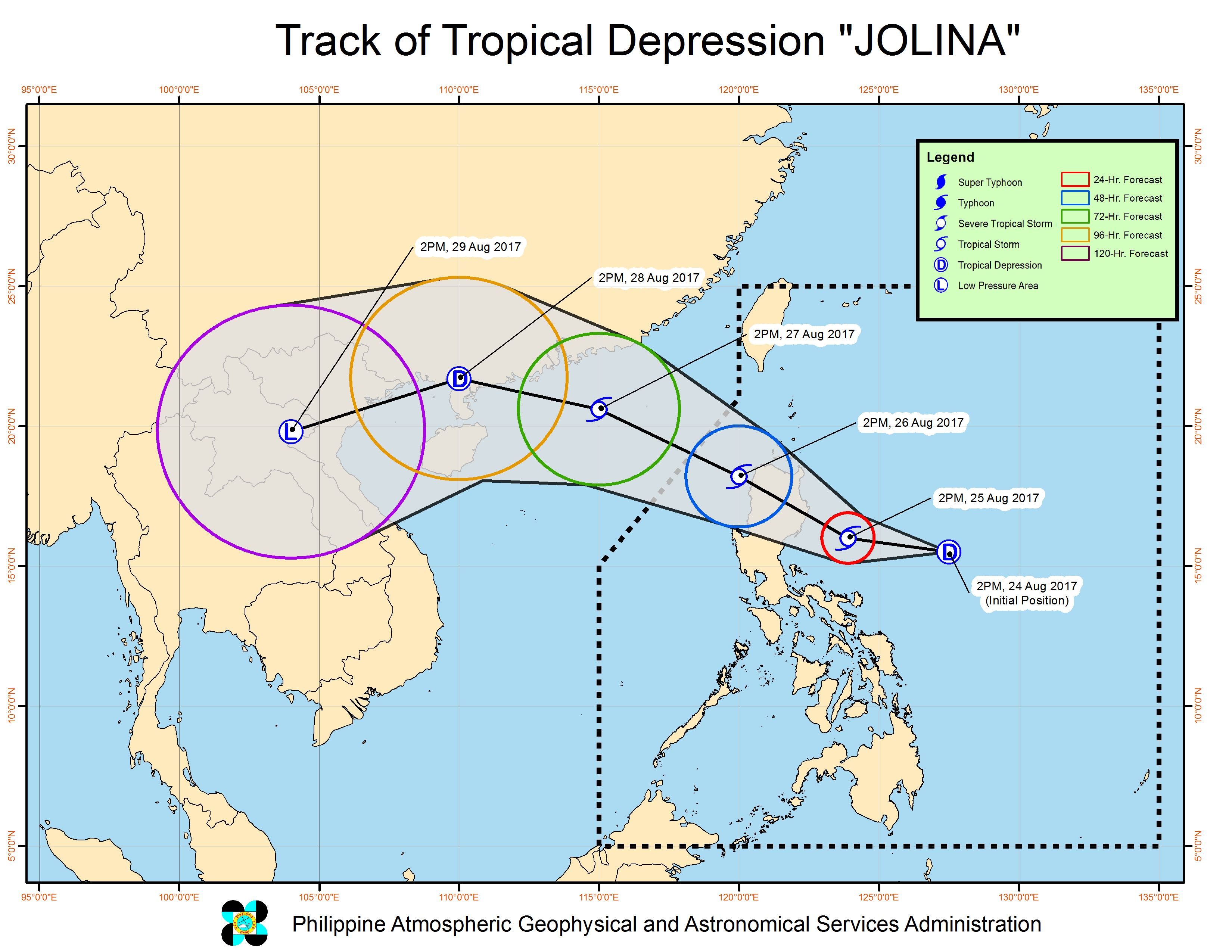 Forecast track of Tropical Depression Jolina as of August 24, 5 pm. Image courtesy of PAGASA 