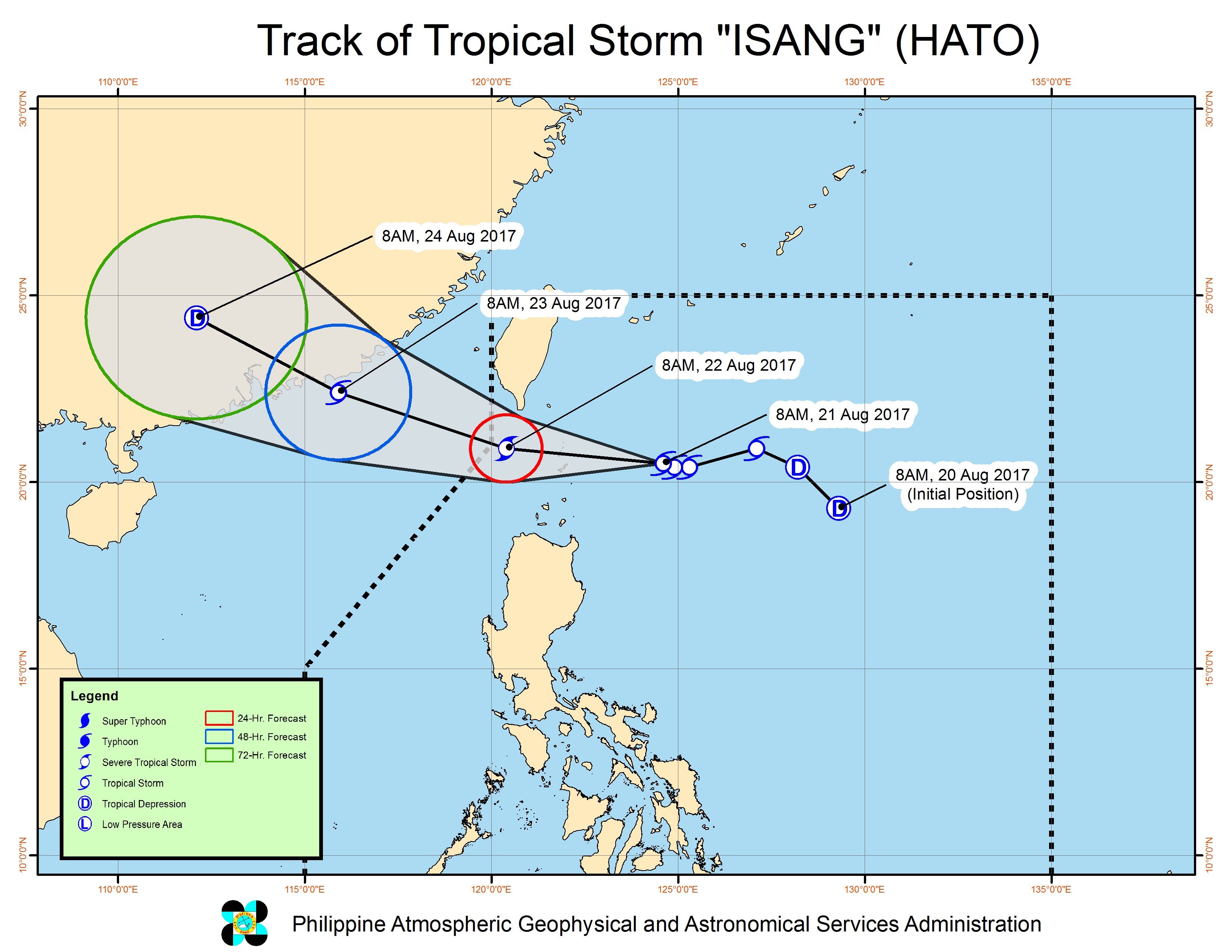 Forecast track of Tropical Storm Isang as of August 21, 11 am. Image courtesy of PAGASA 