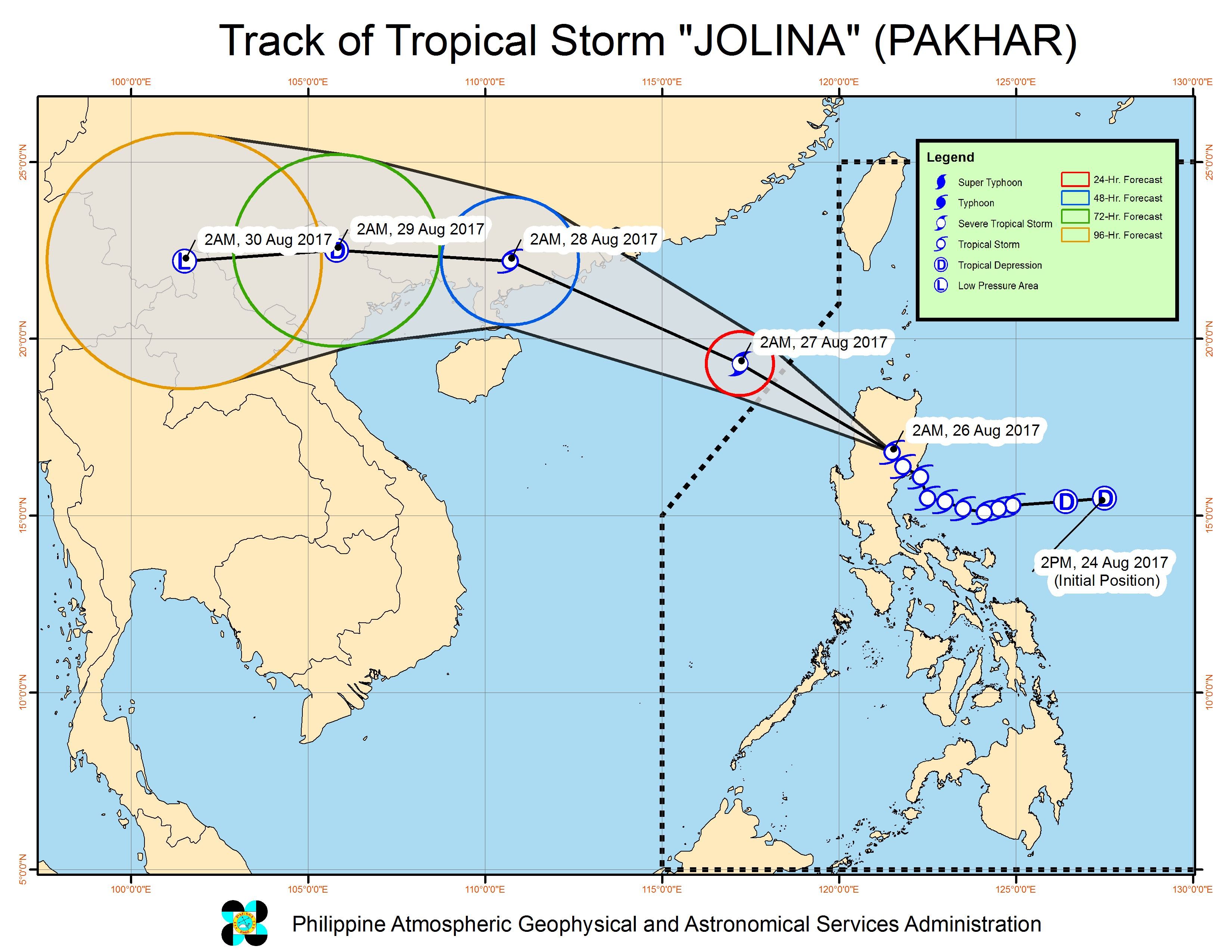 Forecast track of Tropical Storm Jolina as of August 26, 5 am. Image courtesy of PAGASA 