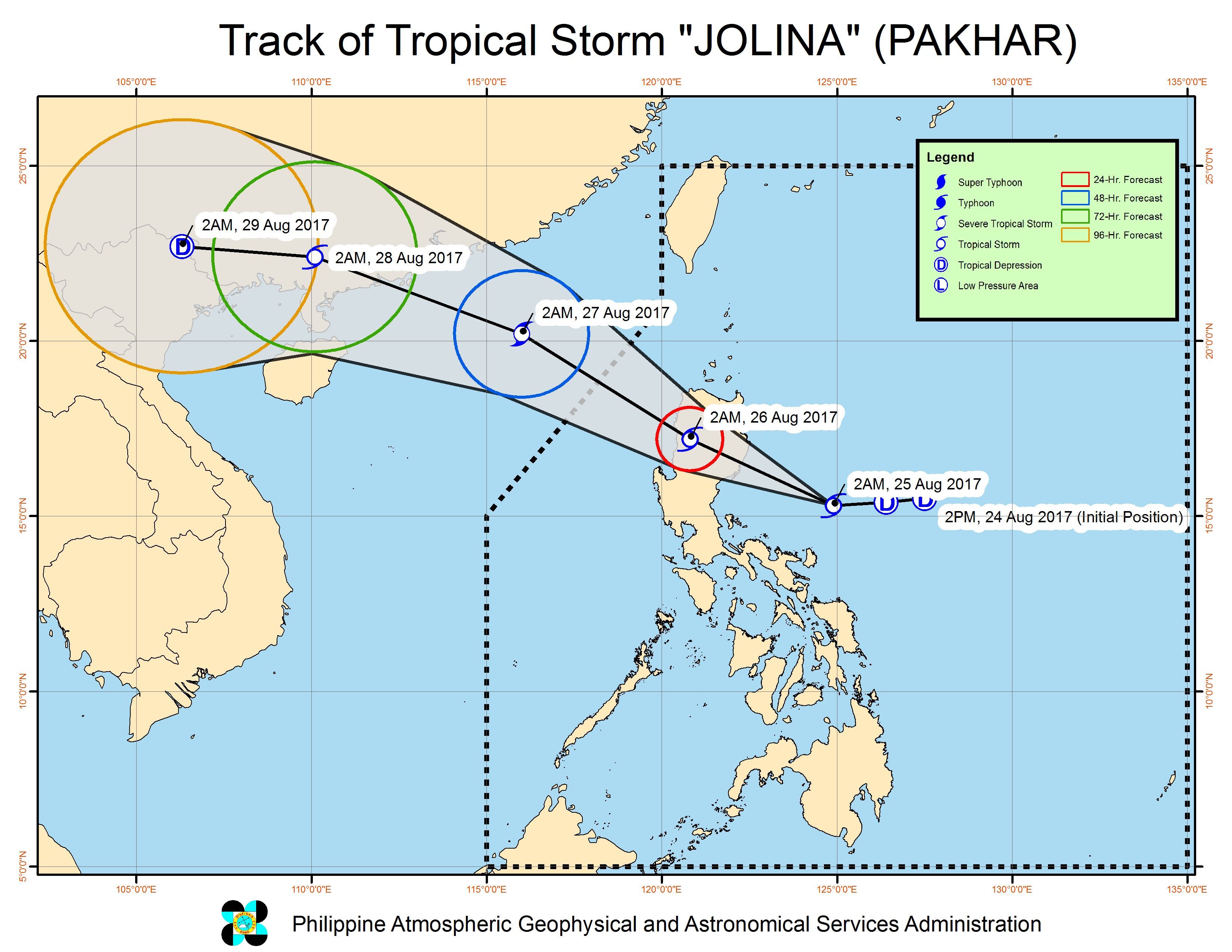 Forecast track of Tropical Storm Jolina as of August 25, 5 am. Image courtesy of PAGASA 