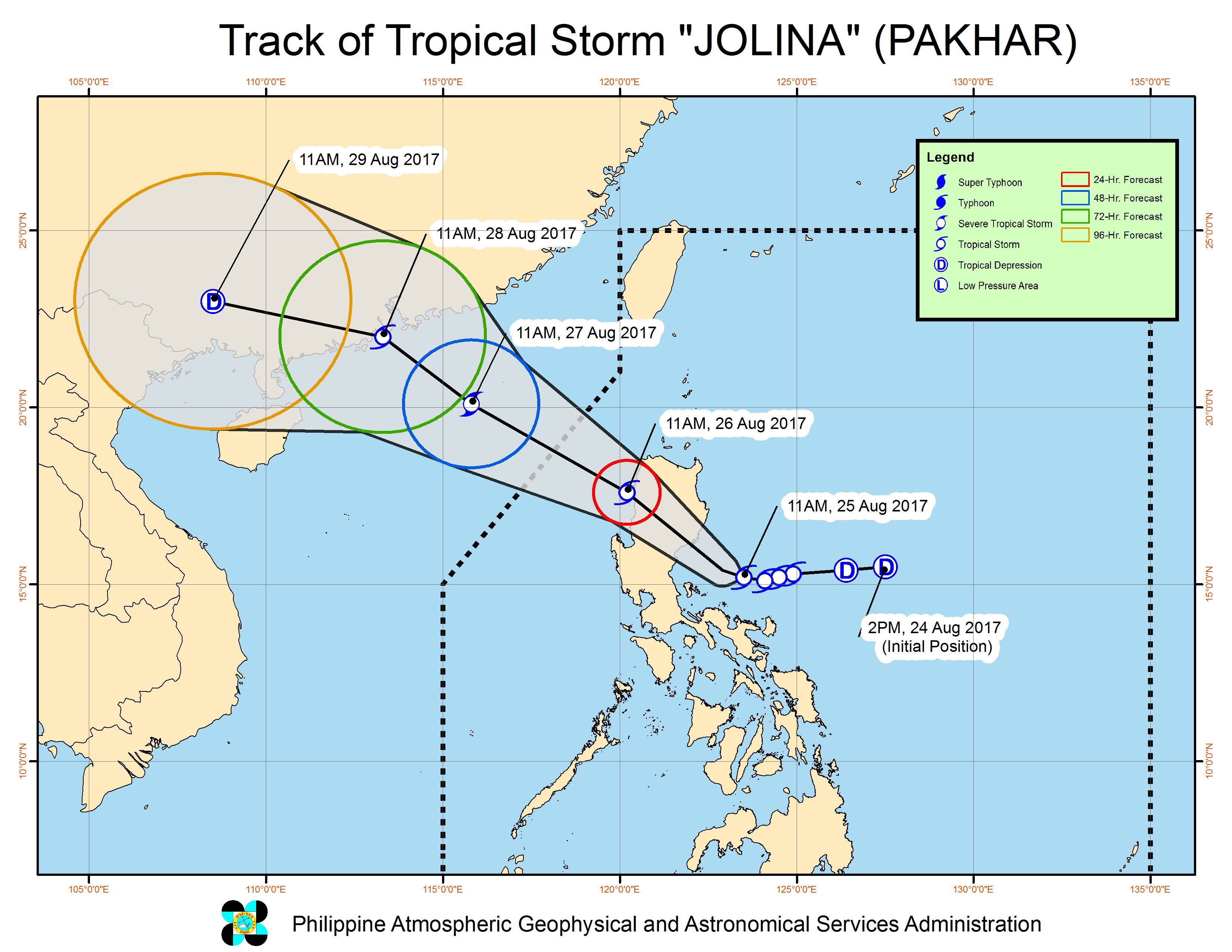 Forecast track of Tropical Storm Jolina as of August 25, 2 pm. Image courtesy of PAGASA 