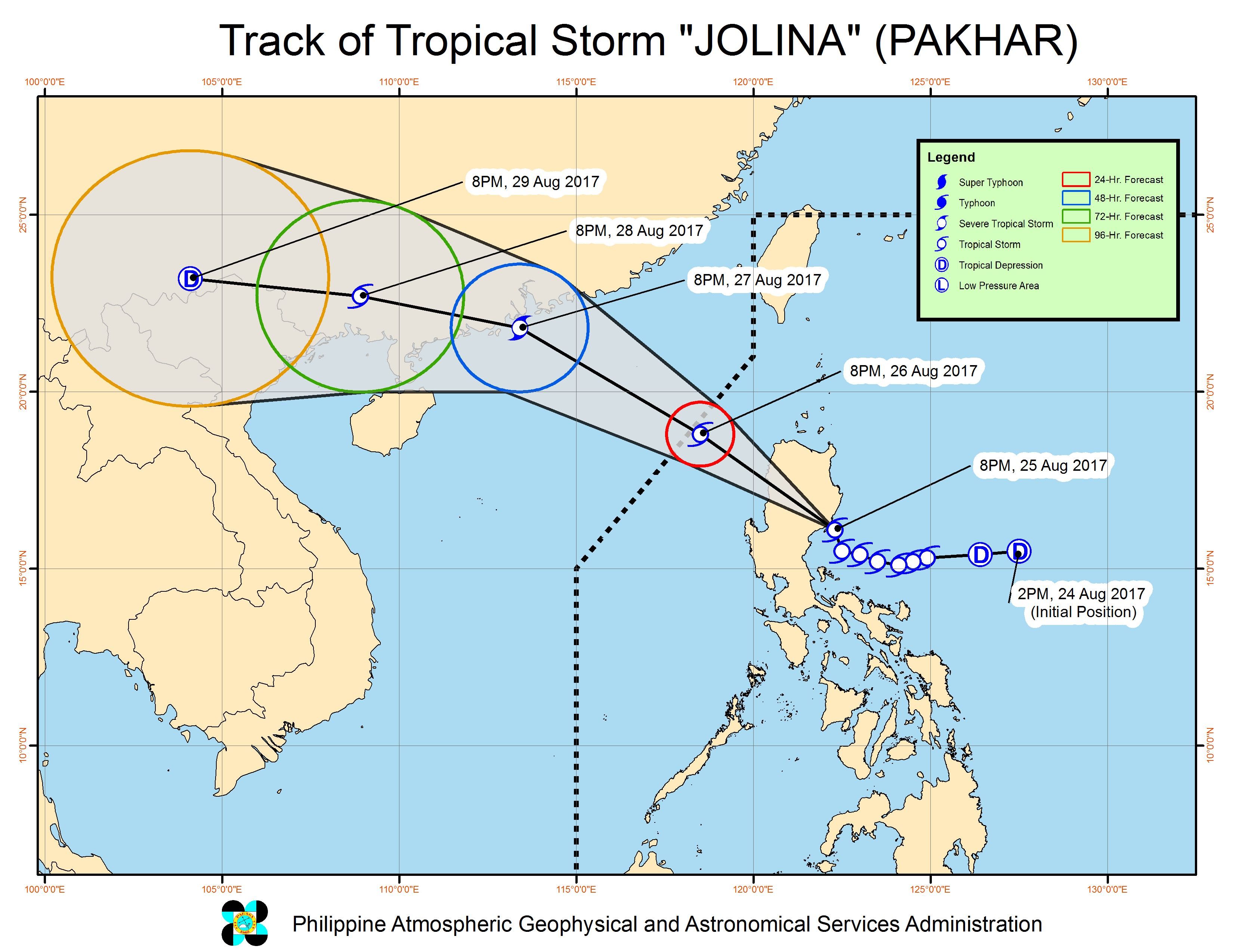 Forecast track of Tropical Storm Jolina as of August 25, 11 pm. Image courtesy of PAGASA 