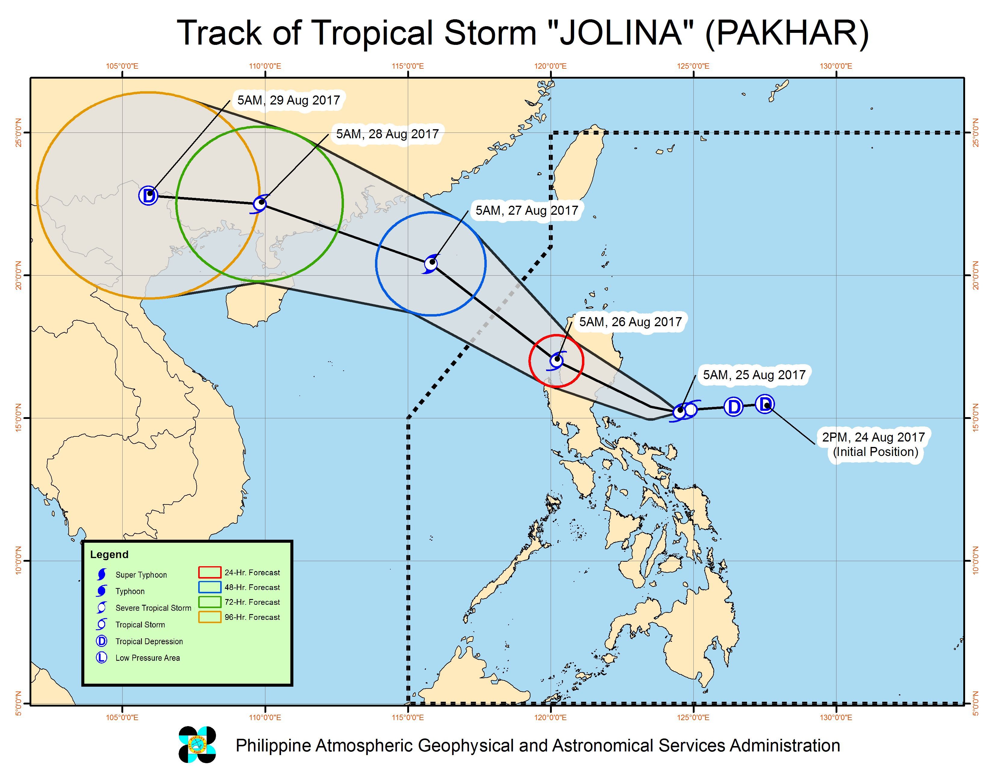Forecast track of Tropical Storm Jolina as of August 25, 8 am. Image courtesy of PAGASA 