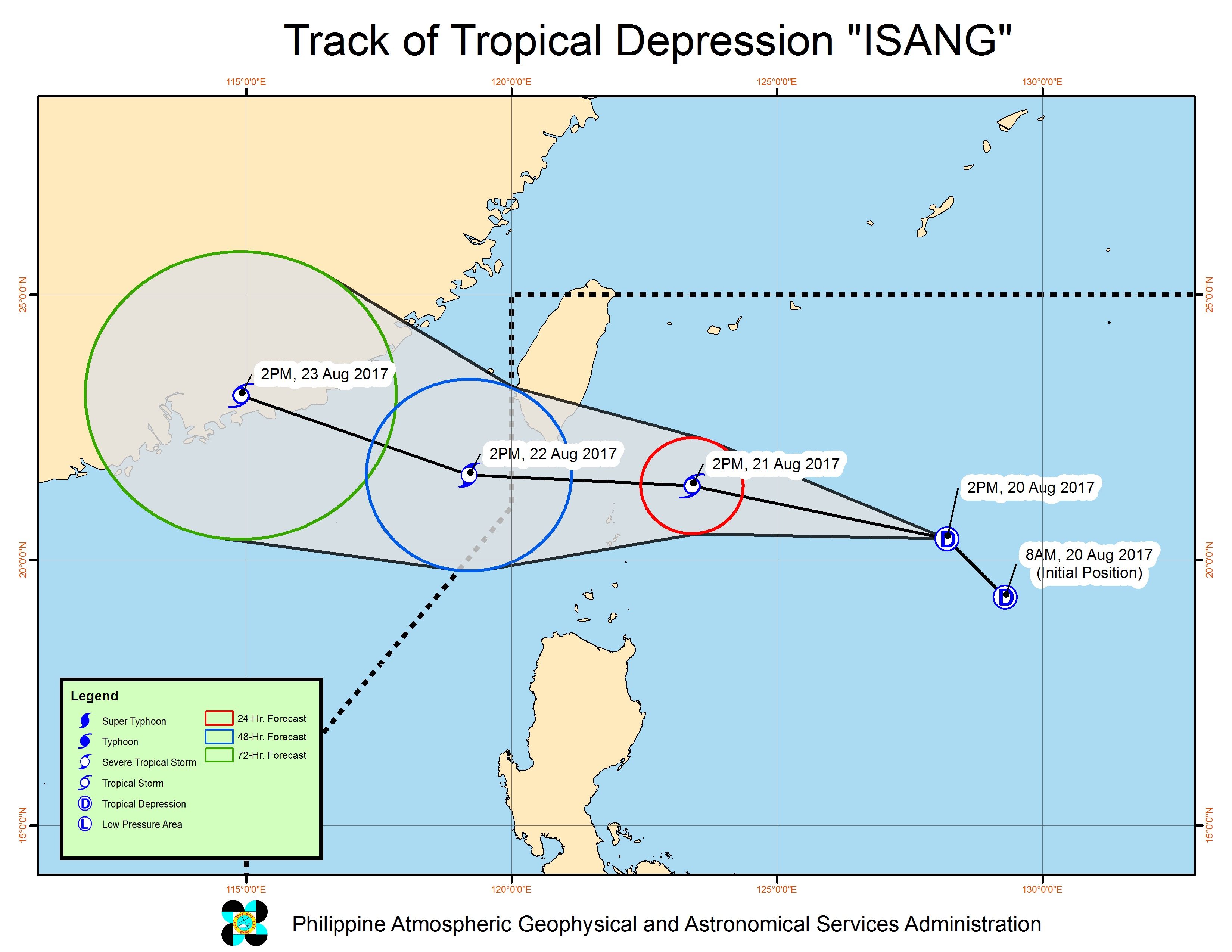 Forecast track of Tropical Depression Isang as of August 20, 5 pm. Image courtesy of PAGASA 