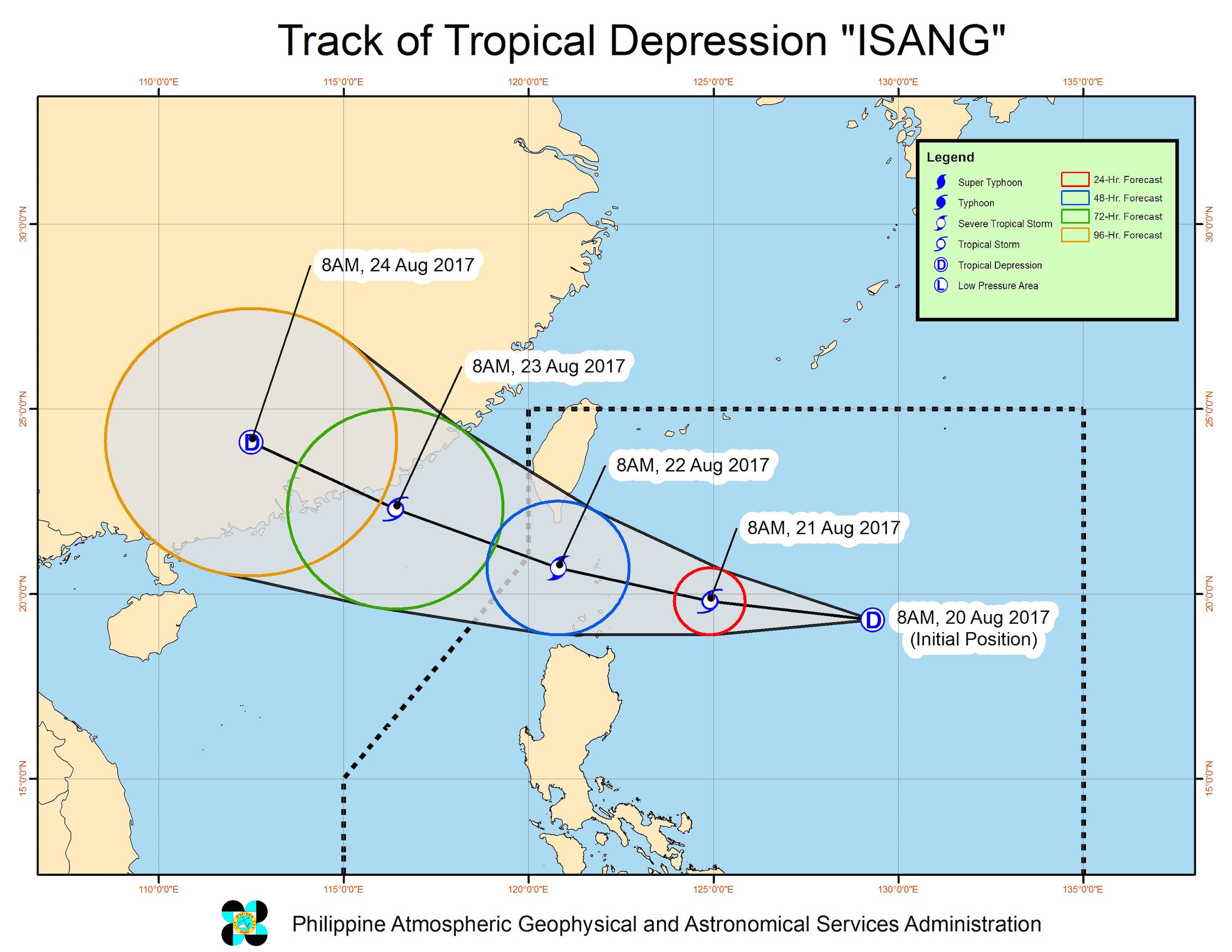 Forecast track of Tropical Depression Isang as of August 20, 11 am. Image courtesy of PAGASA 