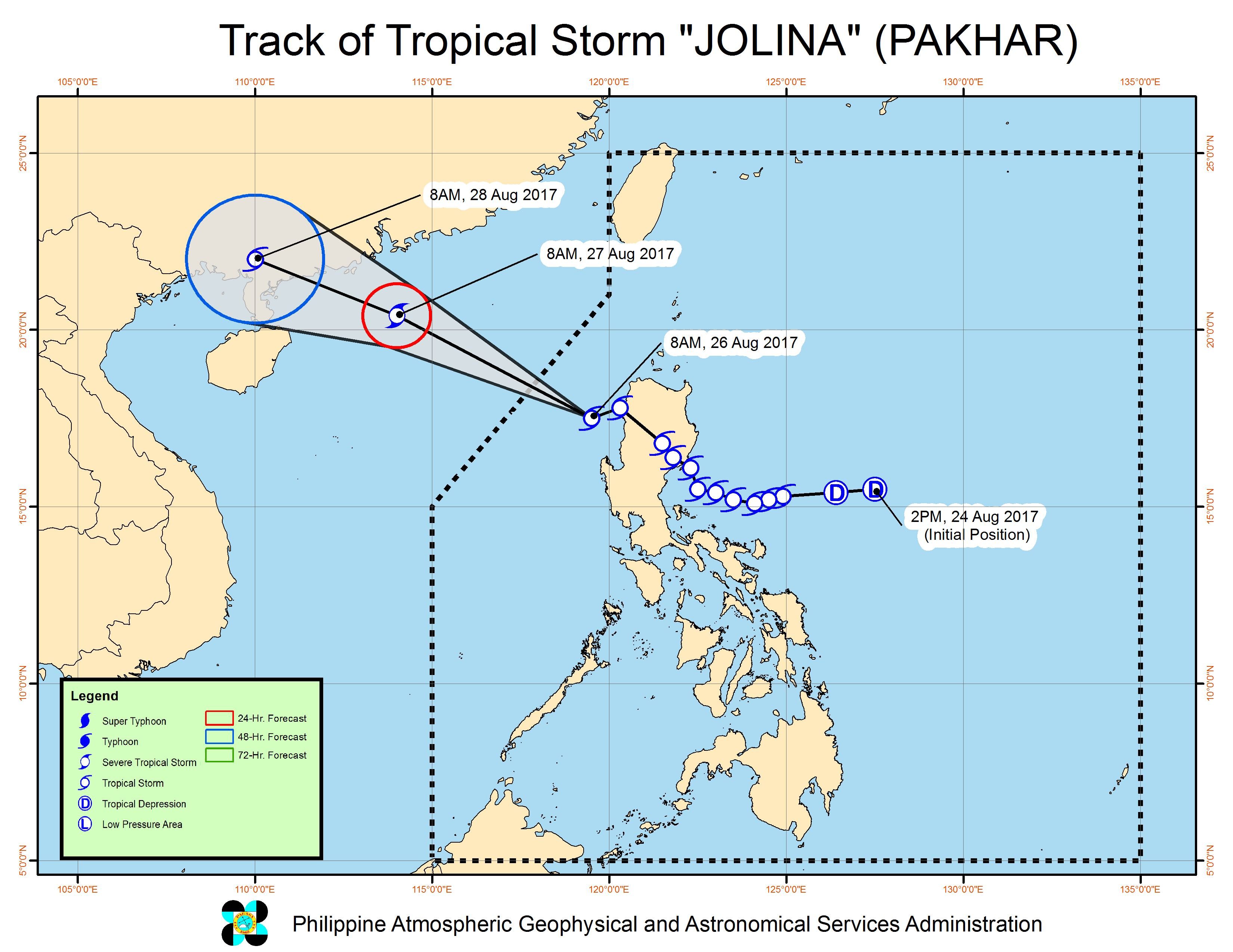 Forecast track of Tropical Storm Jolina as of August 26, 11 am. Image courtesy of PAGASA 