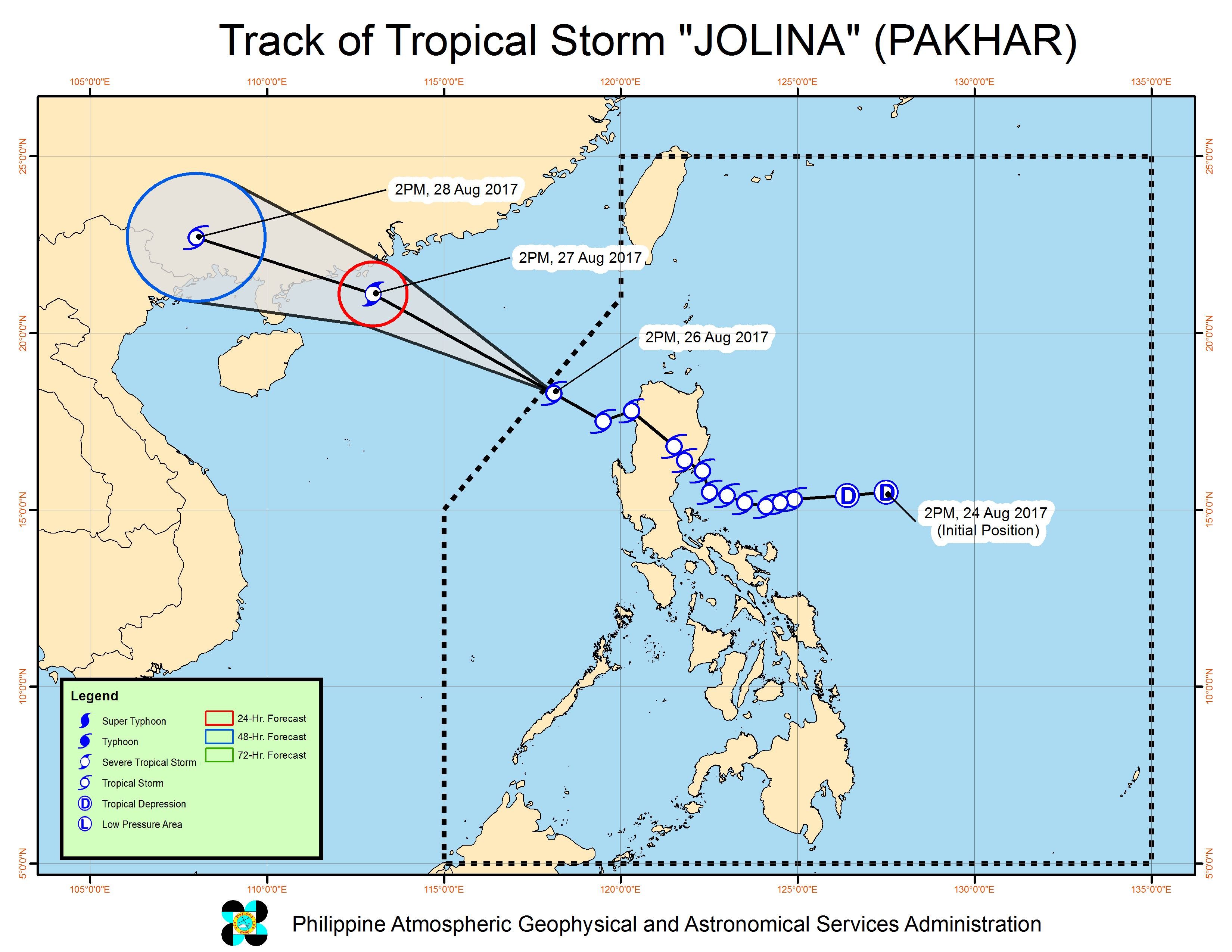 Forecast track of Tropical Storm Jolina as of August 26, 5 pm. Image courtesy of PAGASA 
