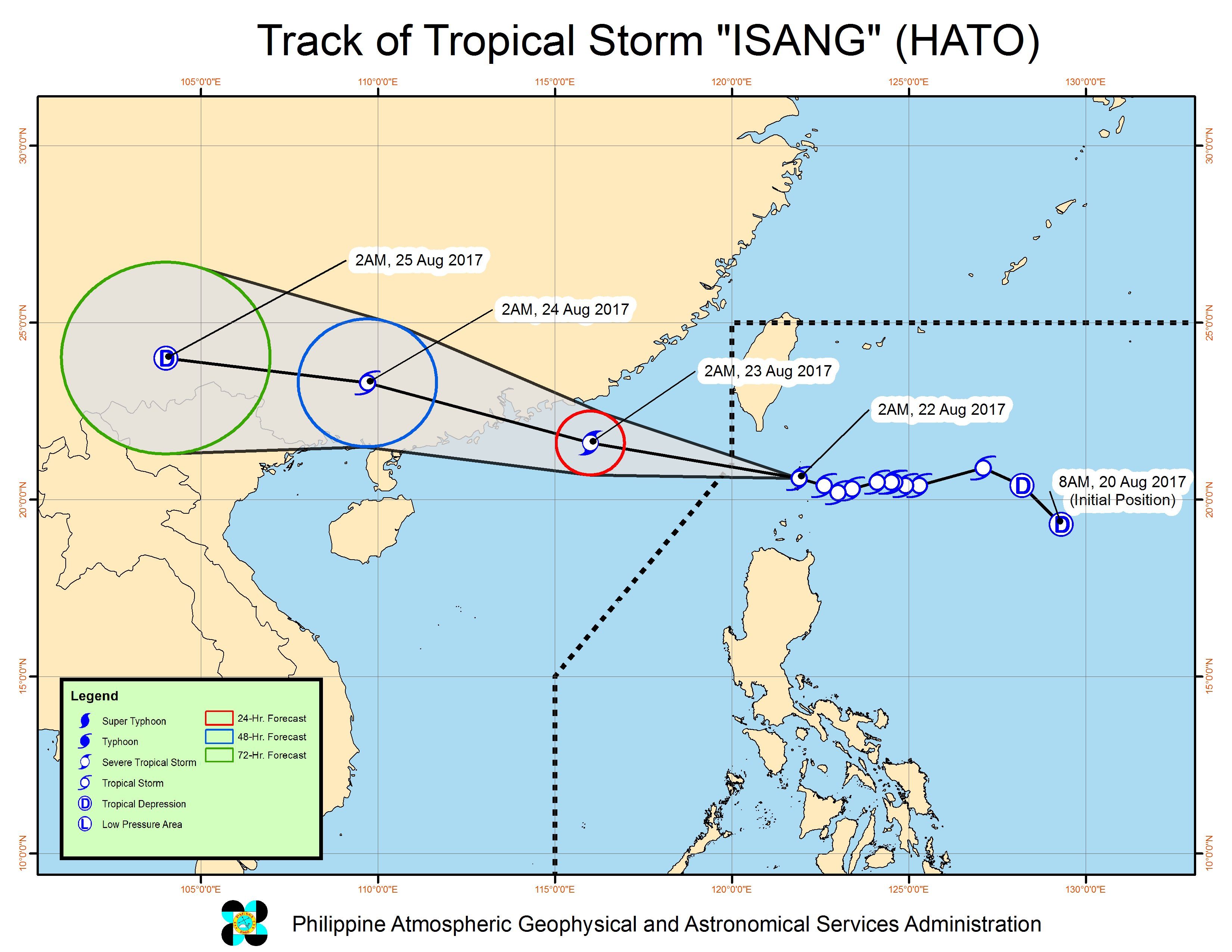 Forecast track of Tropical Storm Isang as of August 22, 5 am. Image courtesy of PAGASA 