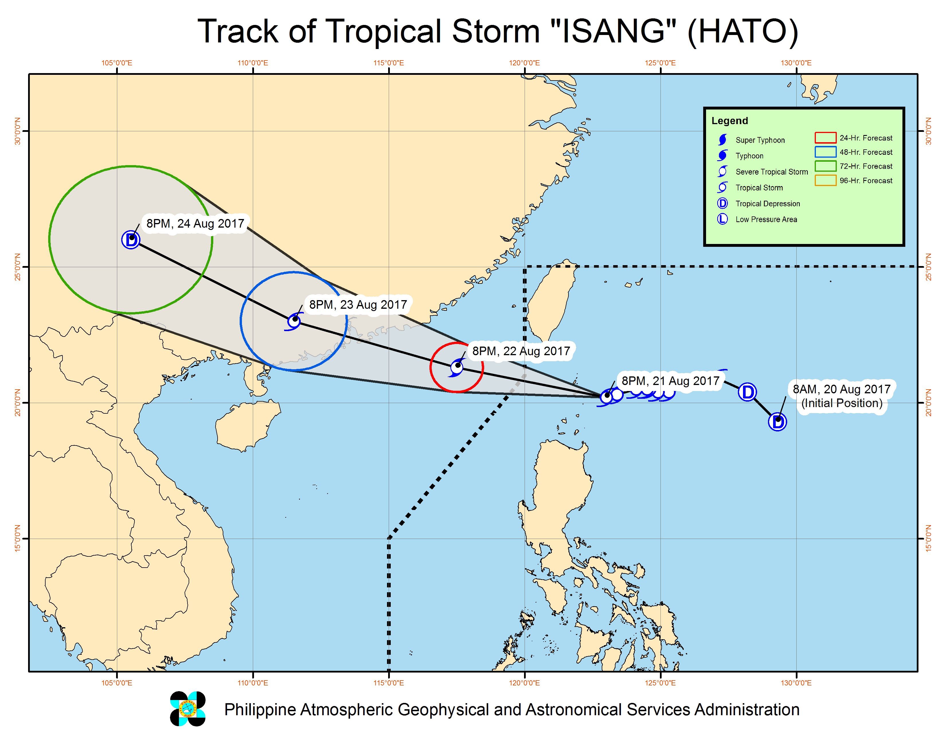 Forecast track of Tropical Storm Isang as of August 21, 11 pm. Image courtesy of PAGASA 