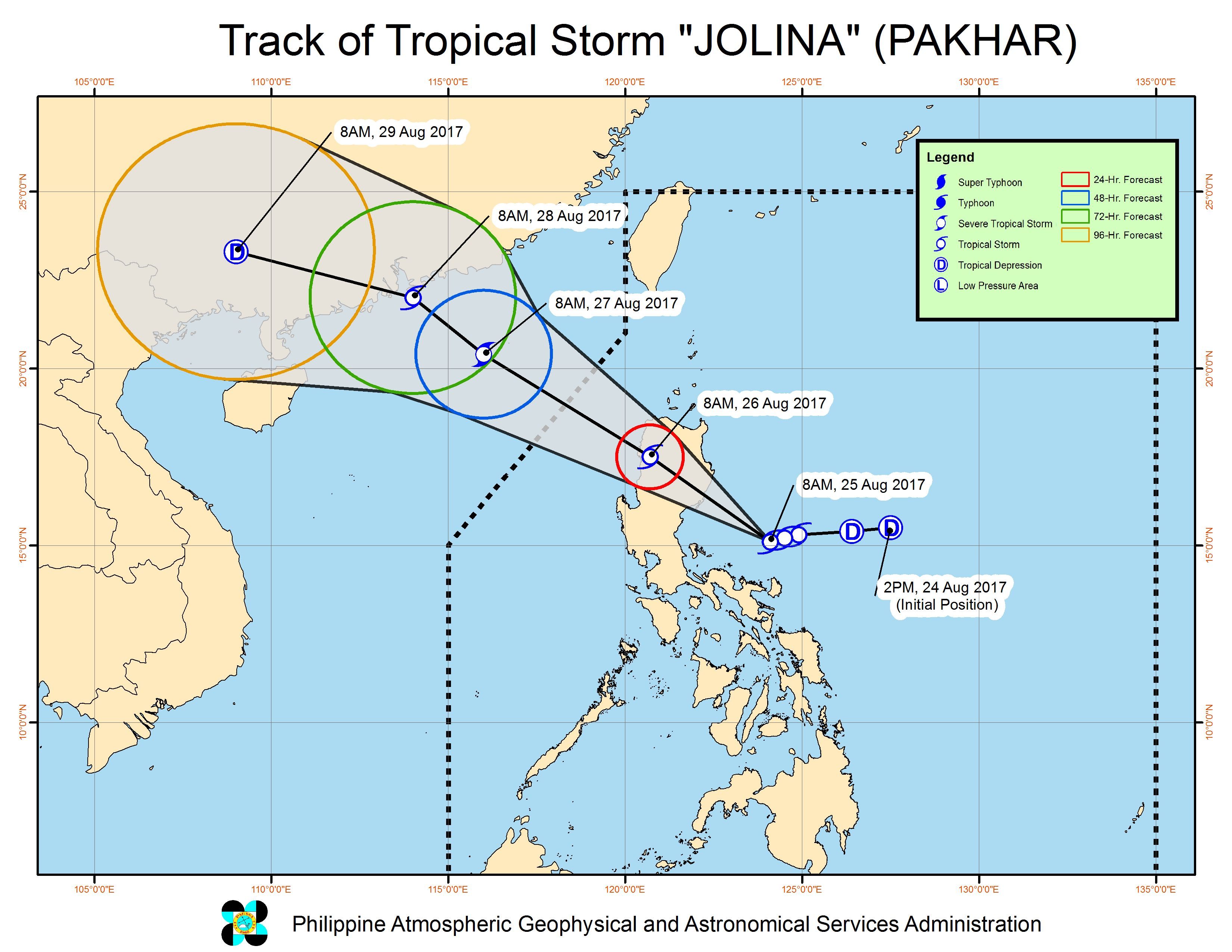 Forecast track of Tropical Storm Jolina as of August 25, 11 am. Image courtesy of PAGASA 