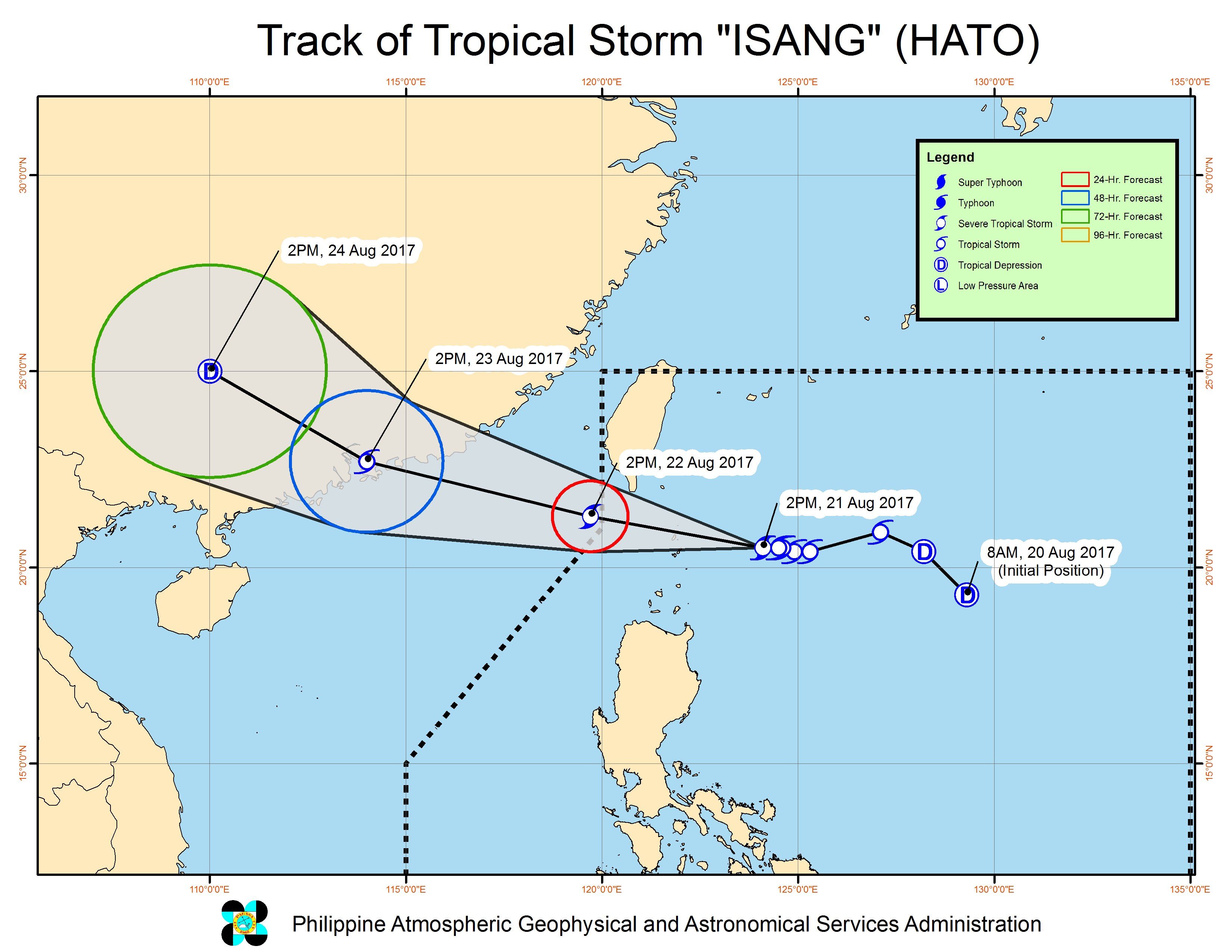 Forecast track of Tropical Storm Isang as of August 21, 5 pm. Image courtesy of PAGASA 
