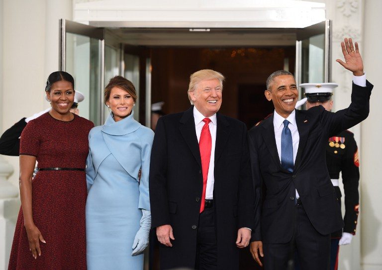 HERE FOR TEA. US President Barack Obama (R) and First Lady Michelle Obama (L) welcome President-elect Donald Trump (2nd-R) and his wife Melania to the White House in Washington, DC January 20, 2017. Jim Watson/AFP 