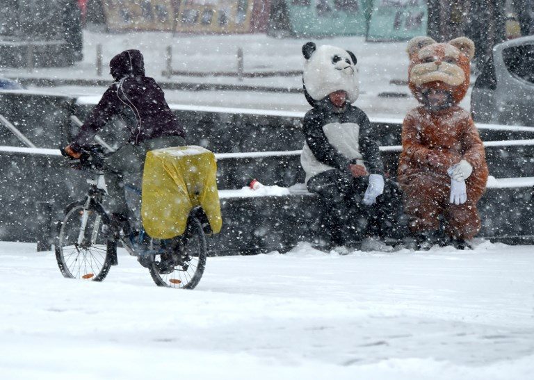 FALL FASHION. A cyclist rides past people wearing animal costumes during heavy snowfall, the first in the autumn, in the centre Kiev on November 14, 2018. Photo by Sergei Supinsky/AFP  