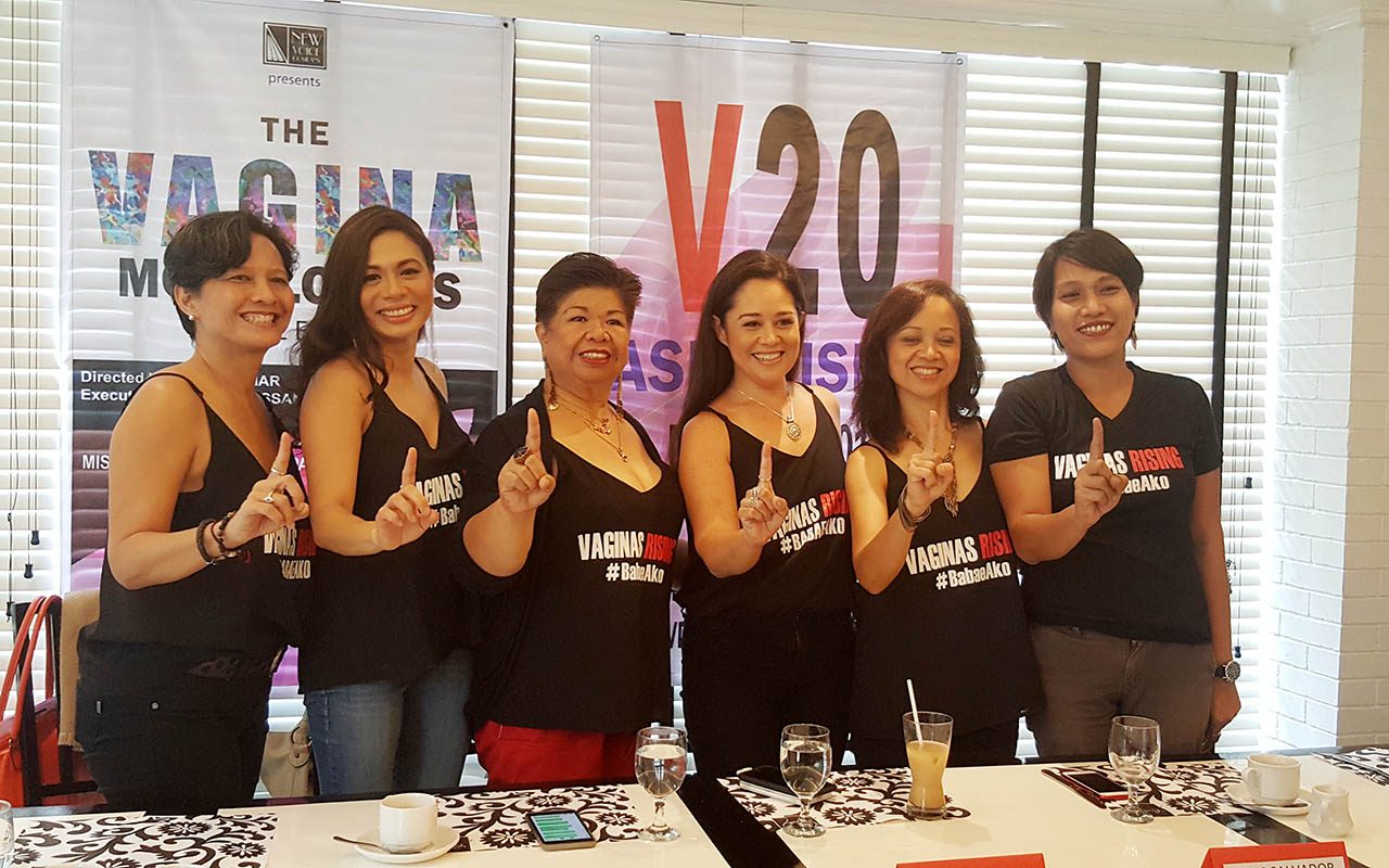 BABAE AKO MOVEMENT. Monique, Mae, and Missy with New Voice Company executive producer Rossana Abueva, director Thea Tadiar, and Gabriela's Jom Salvador do the 1 Billion Rising sign at the show's press conference. Photo by Alexa Villano/Rappler  