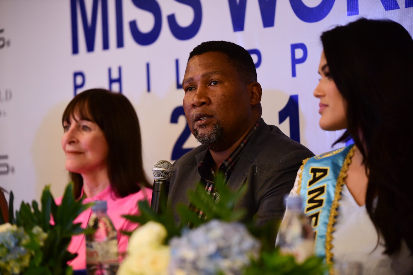 Chief Mandela answering questions from the media during the Miss World press conference on September 1.  