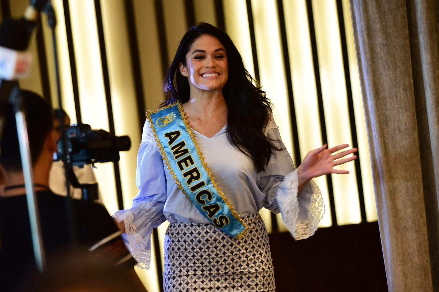Audra entering the press conference of the Miss World Organization on September 1. 