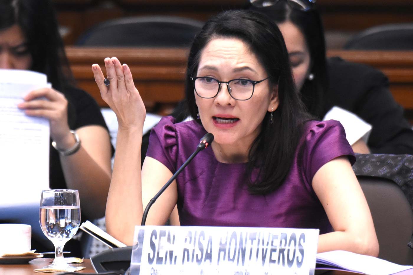 CONFRONTATION. Senator Risa Hontiveros, chairperson of Senate Committee on Women, Children Family Relations and Gender Equality, presides the senate inquiry on the sexual trafficking connected to POGO operations in the country. February 17, 2020. Photo by Angie de Silva/Rappler 