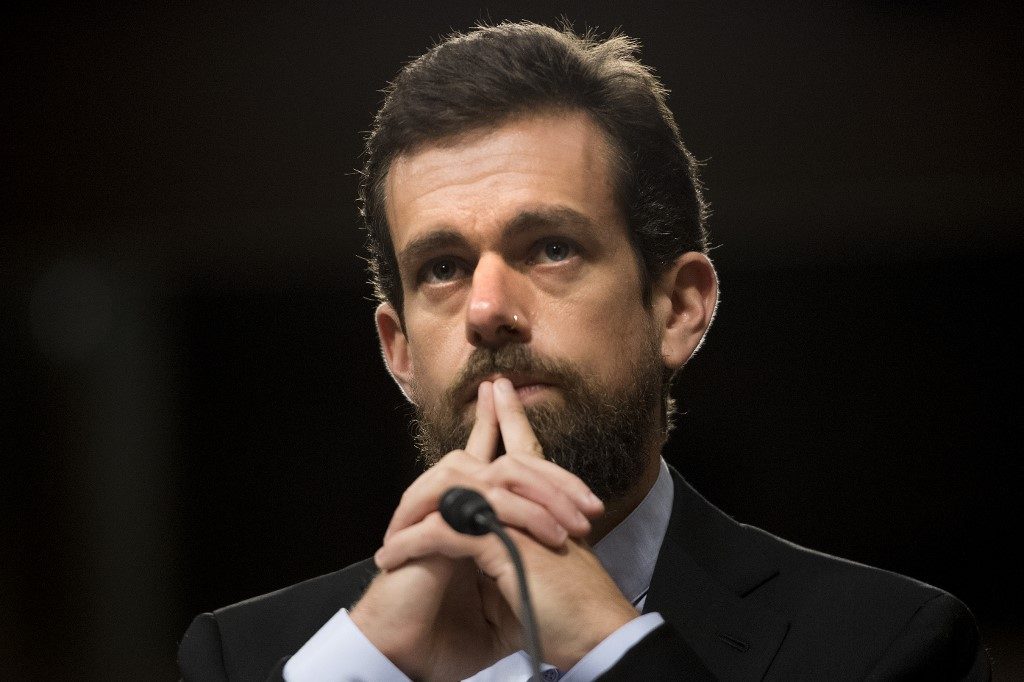 JACK DORSEY. In this file photo taken on September 05, 2018 CEO of Twitter Jack Dorsey testifies before the Senate Intelligence Committee on Capitol Hill in Washington, DC, on September 5, 2018. File photo by Jim Watson/AFP 