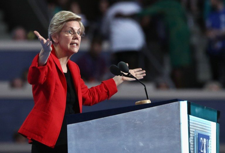 MAKING THE CASE. Sen. Elizabeth Warren (D-MA) delivers remarks on the first day of the Democratic National Convention at the Wells Fargo Center, July 25, 2016 in Philadelphia, Pennsylvania. Jessica Kourkounis/Getty Images/AFP 