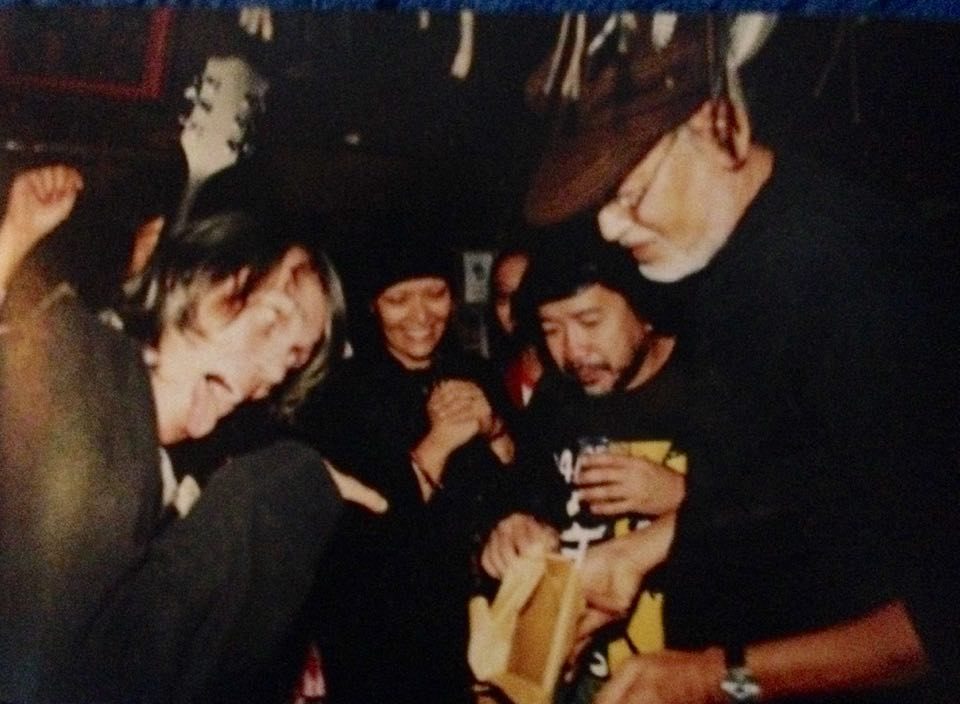 Pepe Smith, with artists Benjie Mallari and Bencab. Photo from Benjie Mallari's collection  