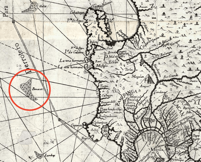 Encircled in this photo is 'Panacot' shoal, also known as Panatag Shoal (Scarborough shoal) or Bajo de Masinloc. Screenshot from the US Library of Congress 