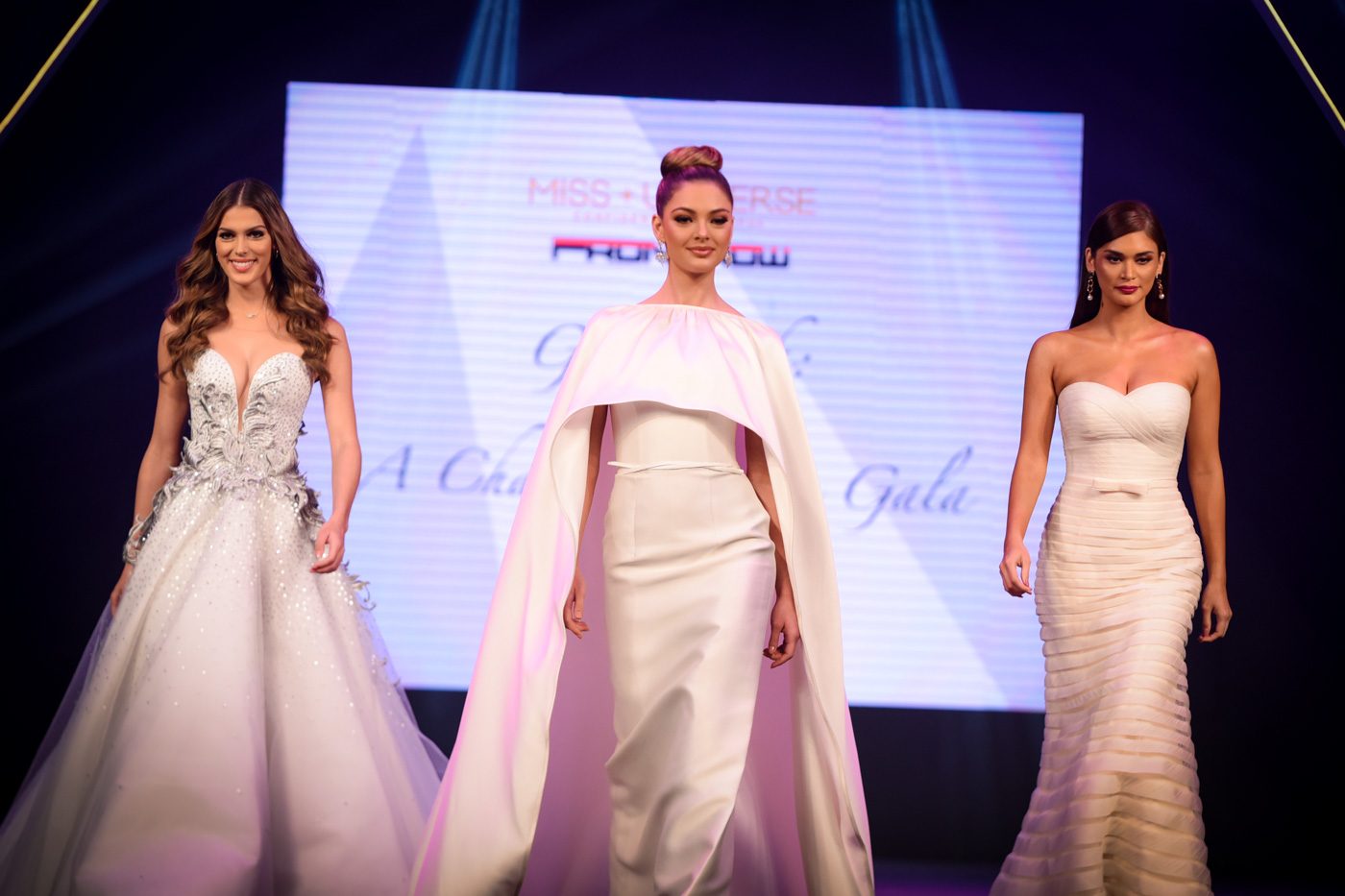 Miss Universe 2016 Iris Mittenaere, Miss Universe 2017 Demi-Leigh Nel-Peters, and Miss Universe 2015 Pia Wurtzbach during the Front Row Fashion show for a cause.  Photo by Alecs Ongcal/Rappler 