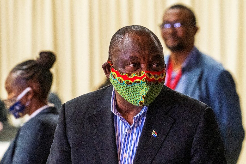 SOUTH AFRICA. South African President Cyril Ramaphosa arrives at NASREC Expo Centre in Johannesburg on April 24, 2020, where facilities are in place to treat COVID-19 coronavirus patients. File photo by Jerome Delay/Pool/AFP 