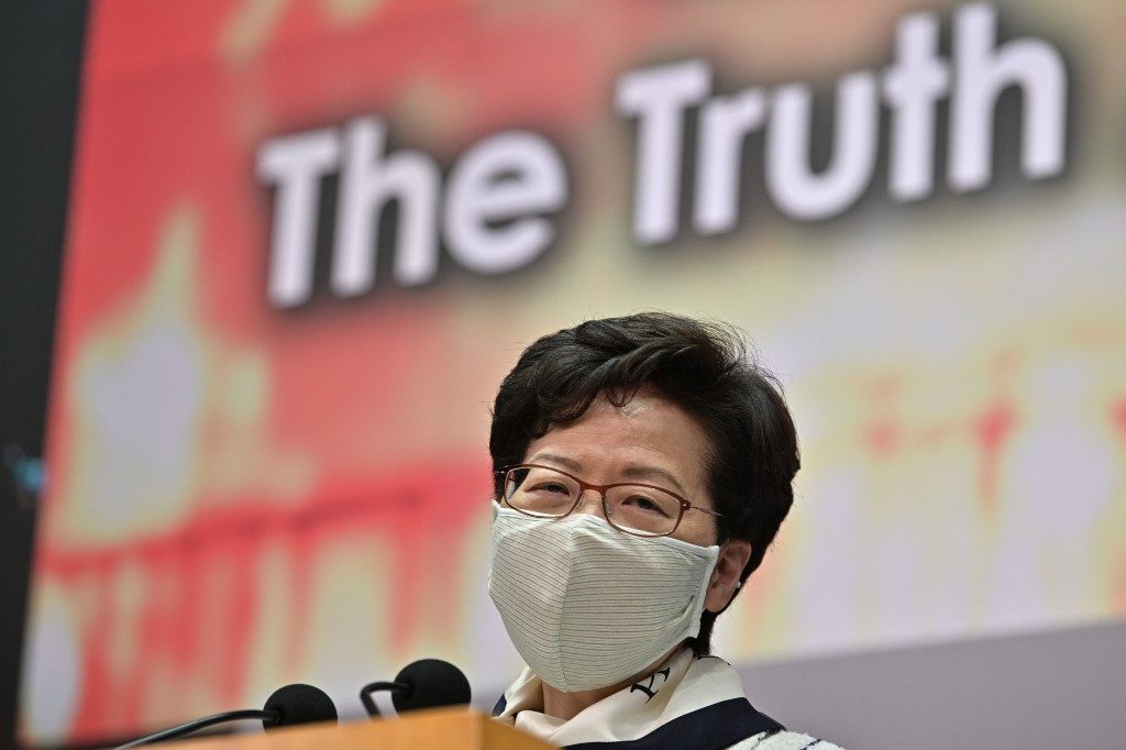 HONG KONG. In this file photo, Hong Kong Chief Executive Carrie Lam holds a press conference following the release by the Independent Police Complaints Council – Hong Kong's police watchdog – of a report into the handling of last year's democracy protests in Hong Kong on May 15, 2020. File photo by Anthony Wallace/AFP 