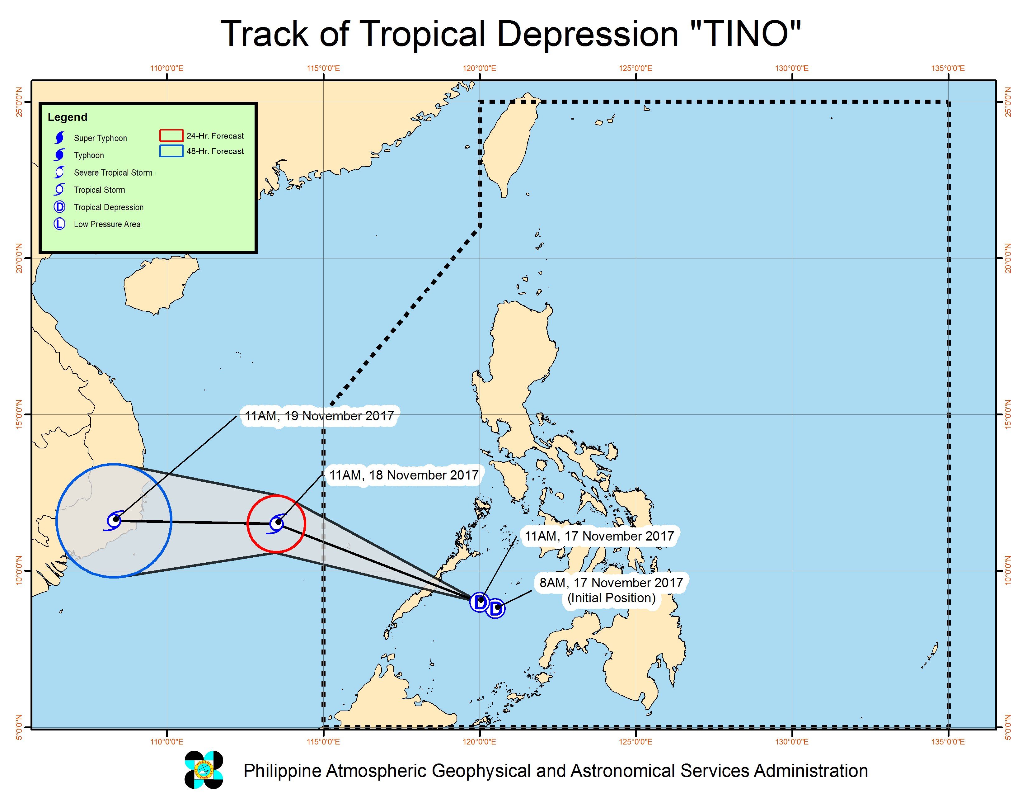 Forecast track of Tropical Depression Tino as of November 17, 2 pm. Image courtesy of PAGASA 