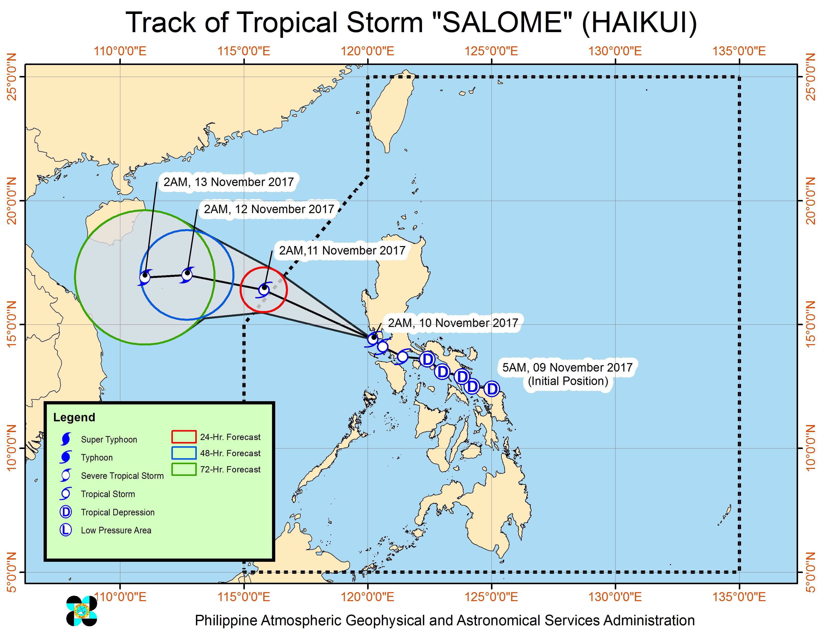 Forecast track of Tropical Storm Salome as of November 10, 5 am. Image courtesy of PAGASA 