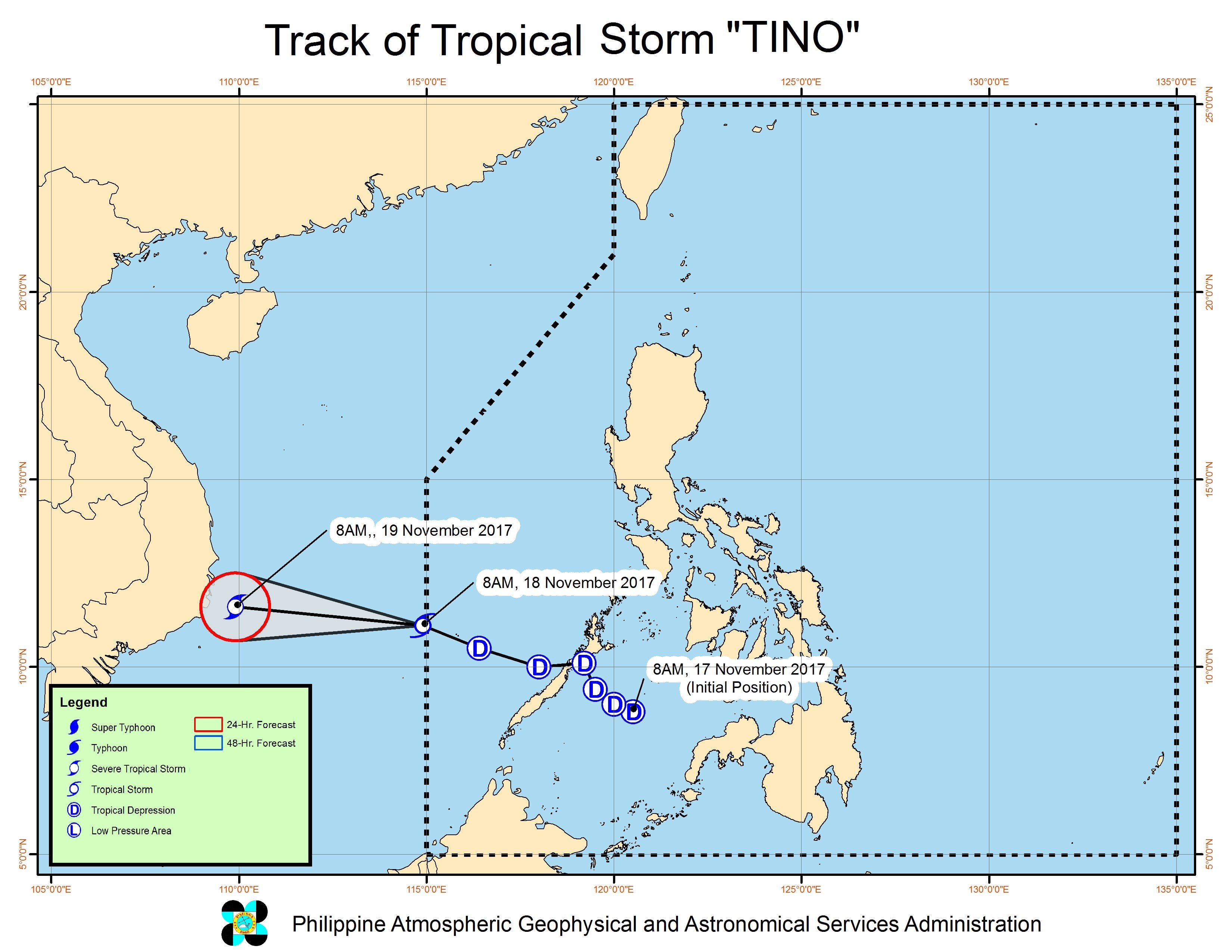 Forecast track of Tropical Storm Tino as of November 18, 10 am. Image courtesy of PAGASA 